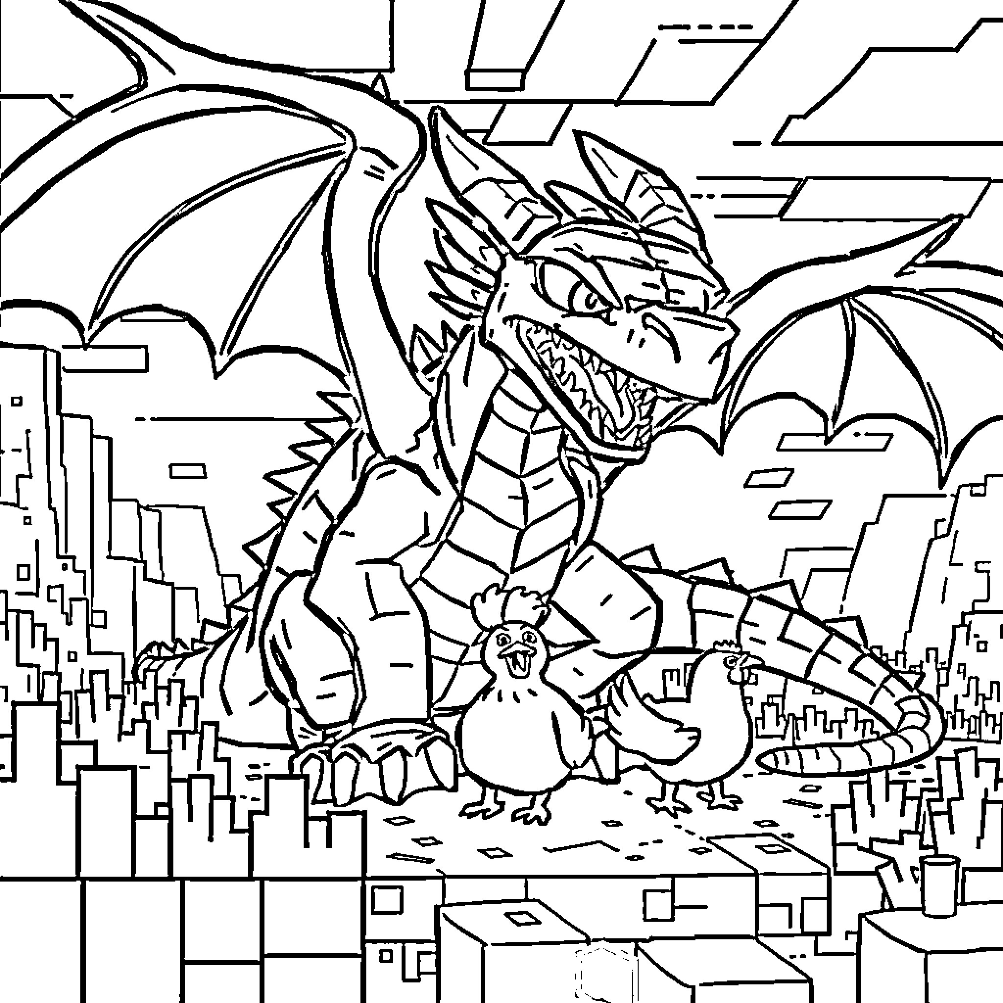 Ender Dragon attacking city with destructive power Coloring Page (free black-and-white line drawing printable PDF for all, from beginners to advanced learners, including children, teens, adults, and seniors)