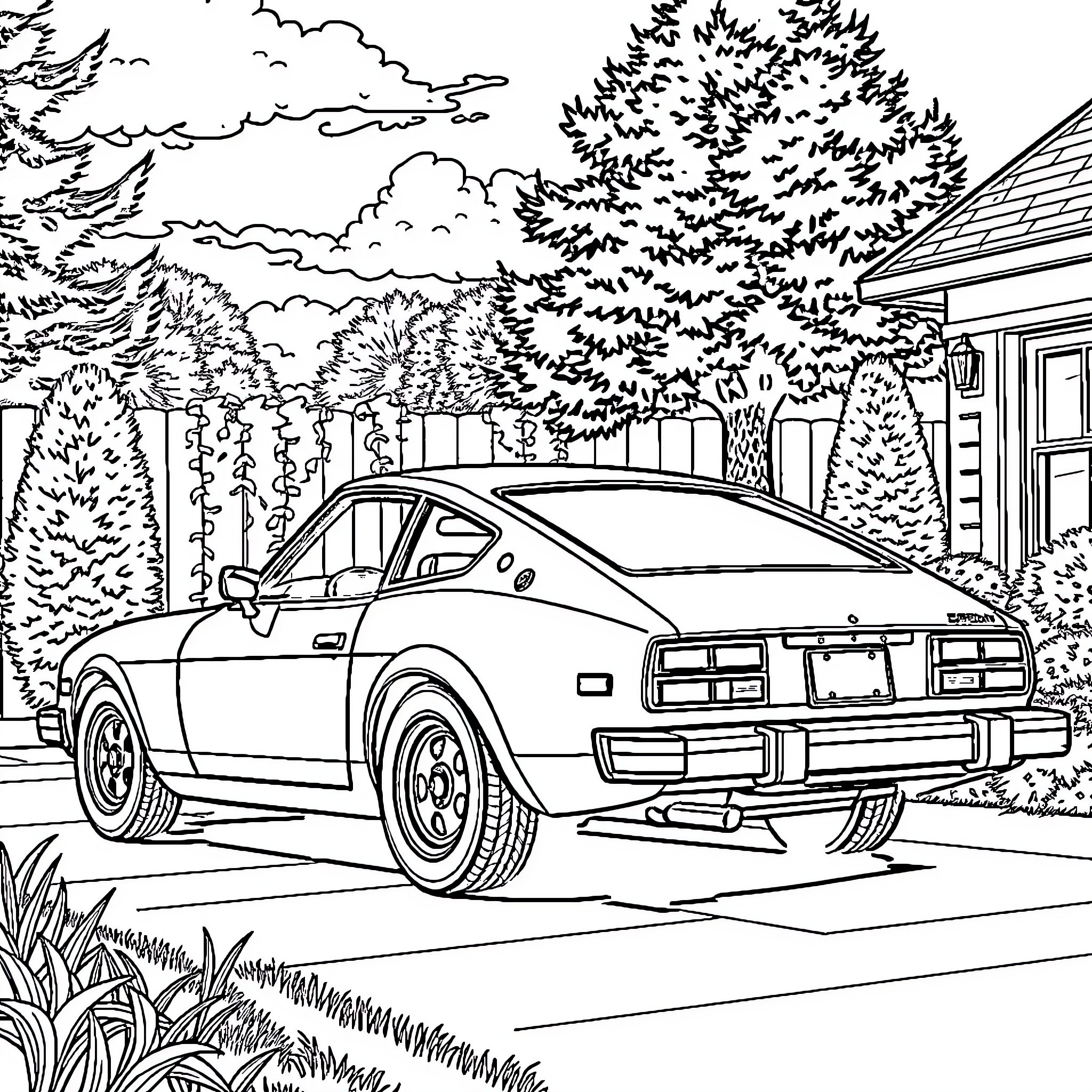 Datsun sports car in a serene forest setting Coloring Page (free black-and-white line drawing printable PDF for all, from beginners to advanced learners, including children, teens, adults, and seniors)