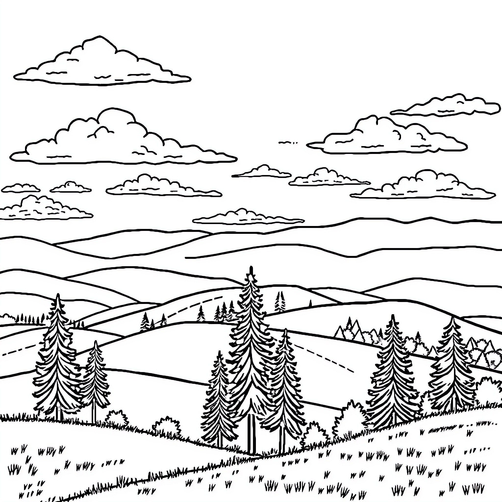 Landscape with scenic hills and pine forests Coloring Page (free black-and-white line drawing printable PDF for all, from beginners to advanced learners, including children, teens, adults, and seniors)
