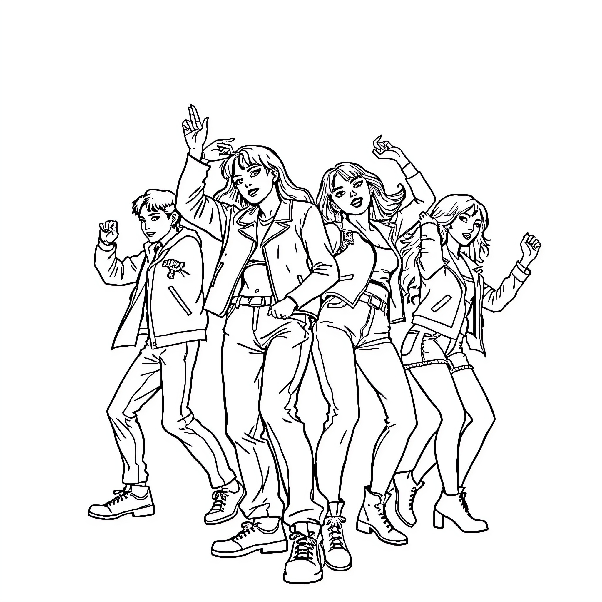 K Pop Performers Energetically Posing and Dancing Coloring Page (free black-and-white line drawing printable PDF for all, from beginners to advanced learners, including children, teens, adults, and seniors)