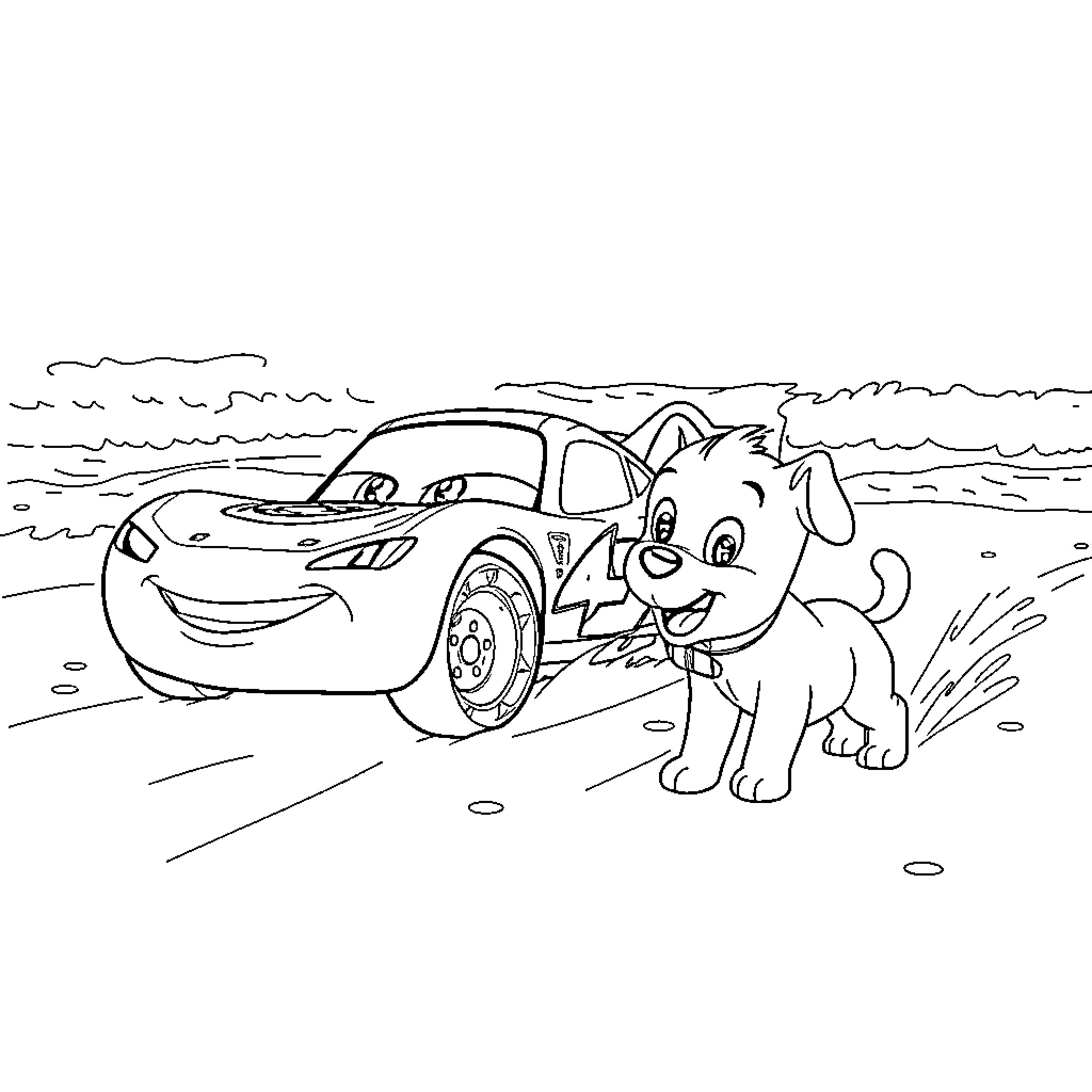 Lightning McQueen playing with a puppy on the beach Coloring Page (free black-and-white line drawing printable PDF for all, from beginners to advanced learners, including children, teens, adults, and seniors)