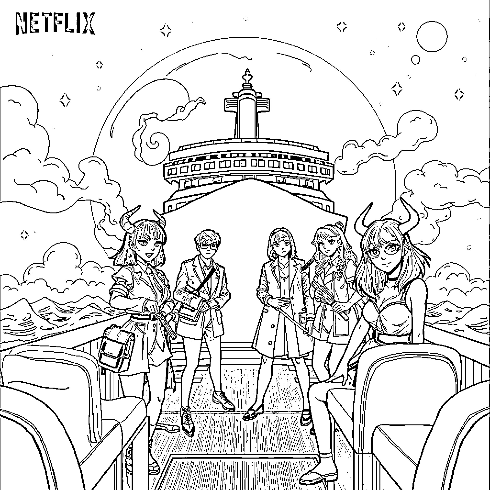 Demon Hunter Teenagers Face Supernatural Challenges Coloring Page (free black-and-white line drawing printable PDF for all, from beginners to advanced learners, including children, teens, adults, and seniors)