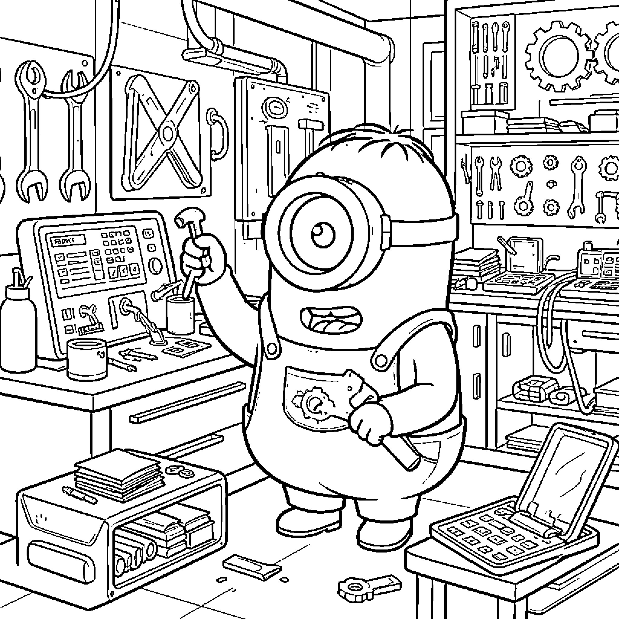Minion working with tools in a busy workshop Coloring Page (free black-and-white line drawing printable PDF for all, from beginners to advanced learners, including children, teens, adults, and seniors)