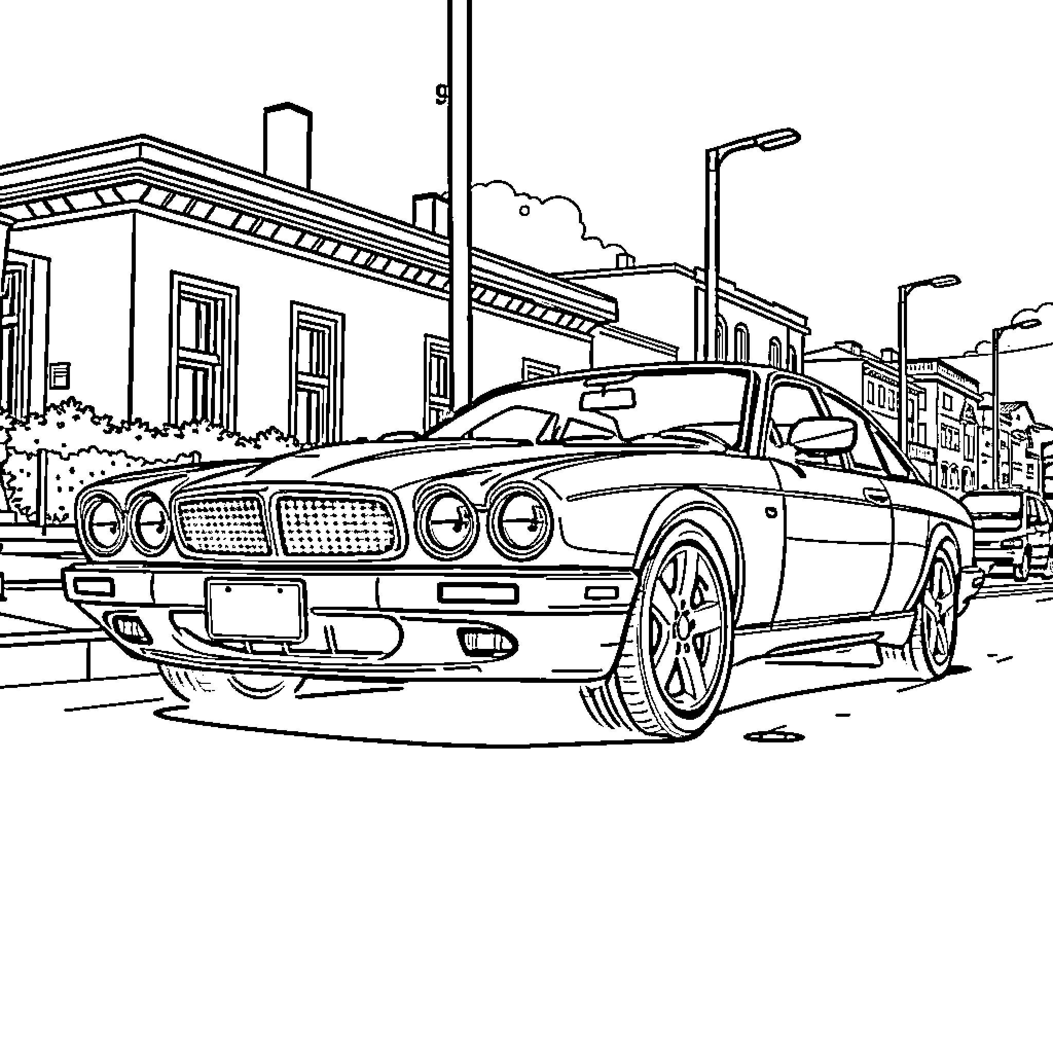 Jaguar luxury car parked on city street Coloring Page (free black-and-white line drawing printable PDF for all, from beginners to advanced learners, including children, teens, adults, and seniors)