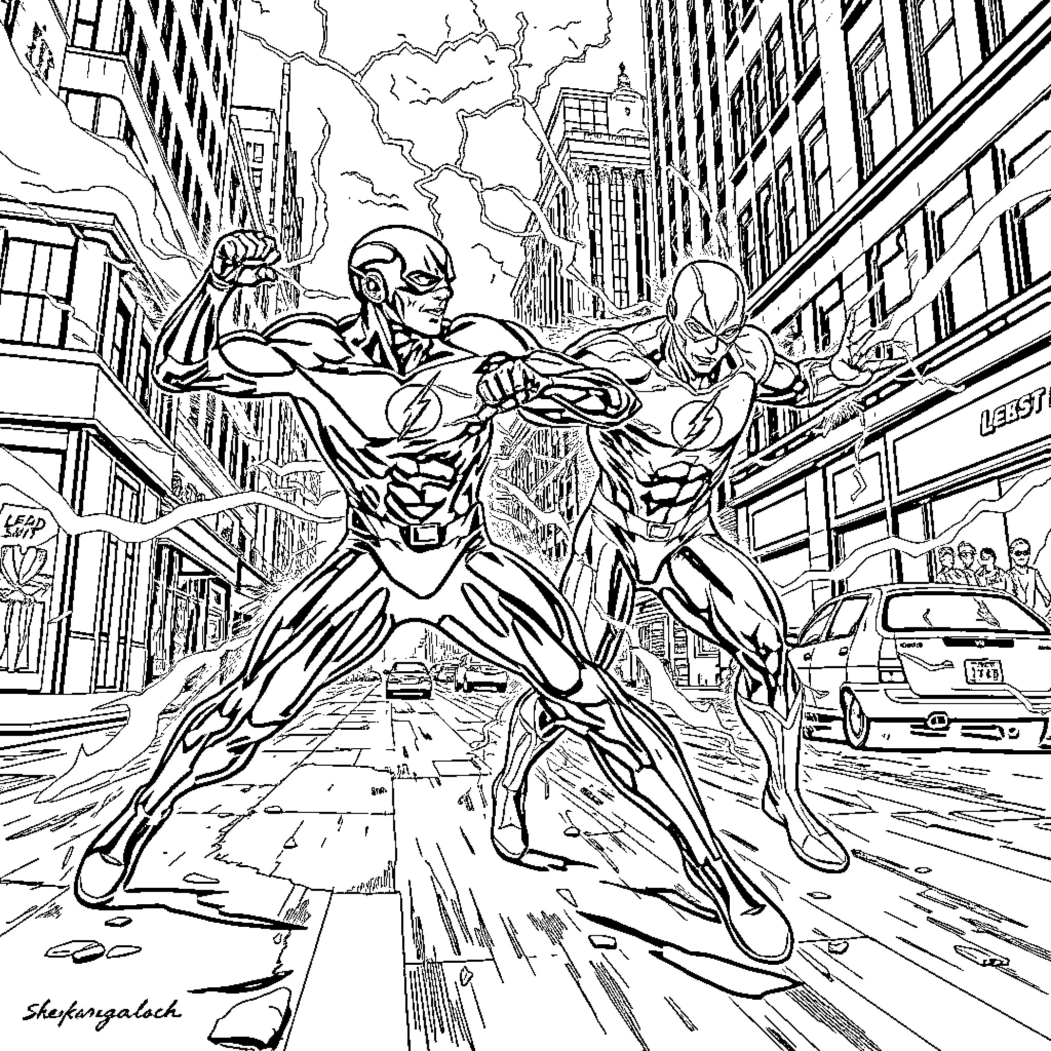 Flash Heroes Facing Off in City Streets Coloring Page (free black-and-white line drawing printable PDF for all, from beginners to advanced learners, including children, teens, adults, and seniors)