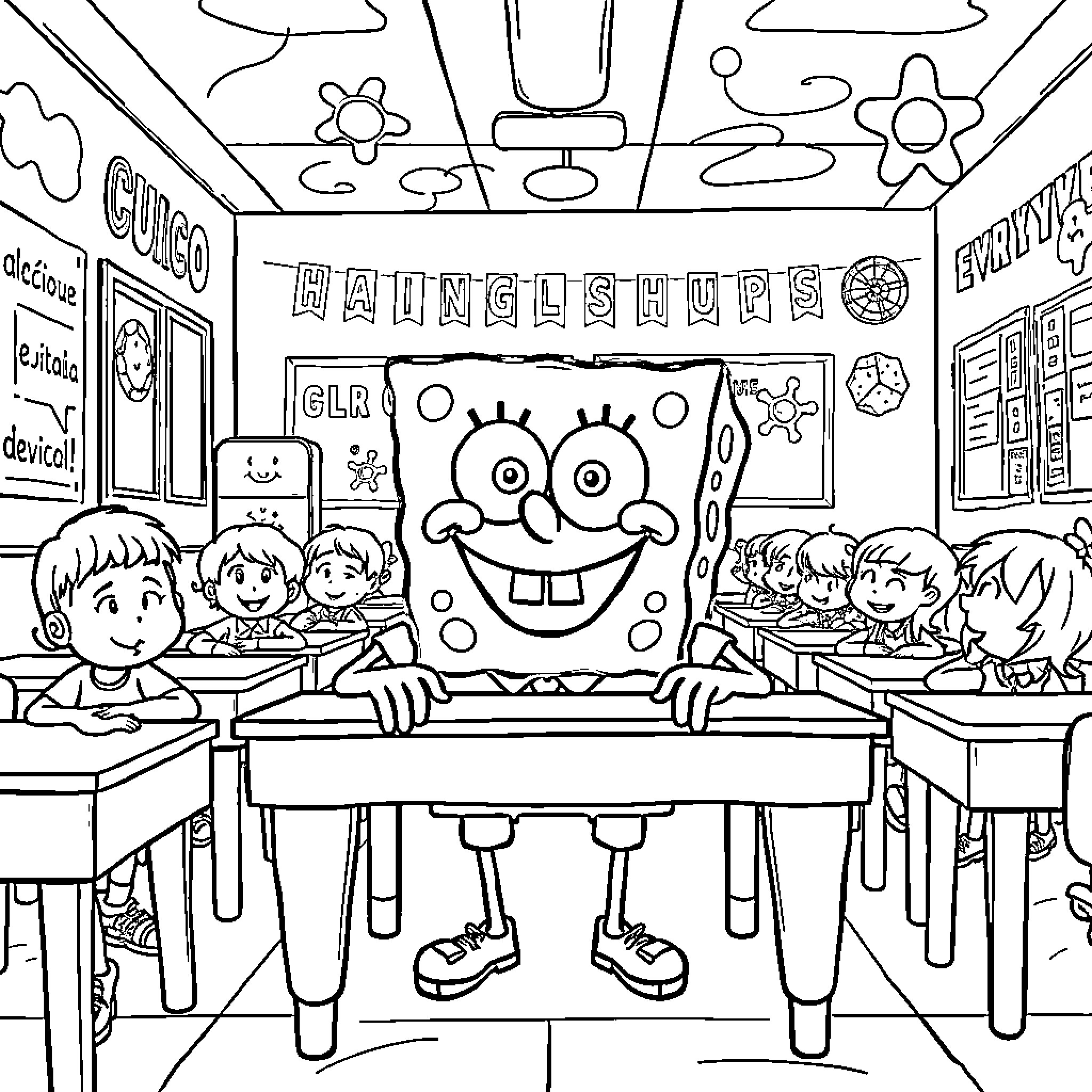 Spongebob's Fun-Filled Classroom Adventure Coloring Page (free black-and-white line drawing printable PDF for all, from beginners to advanced learners, including children, teens, adults, and seniors)