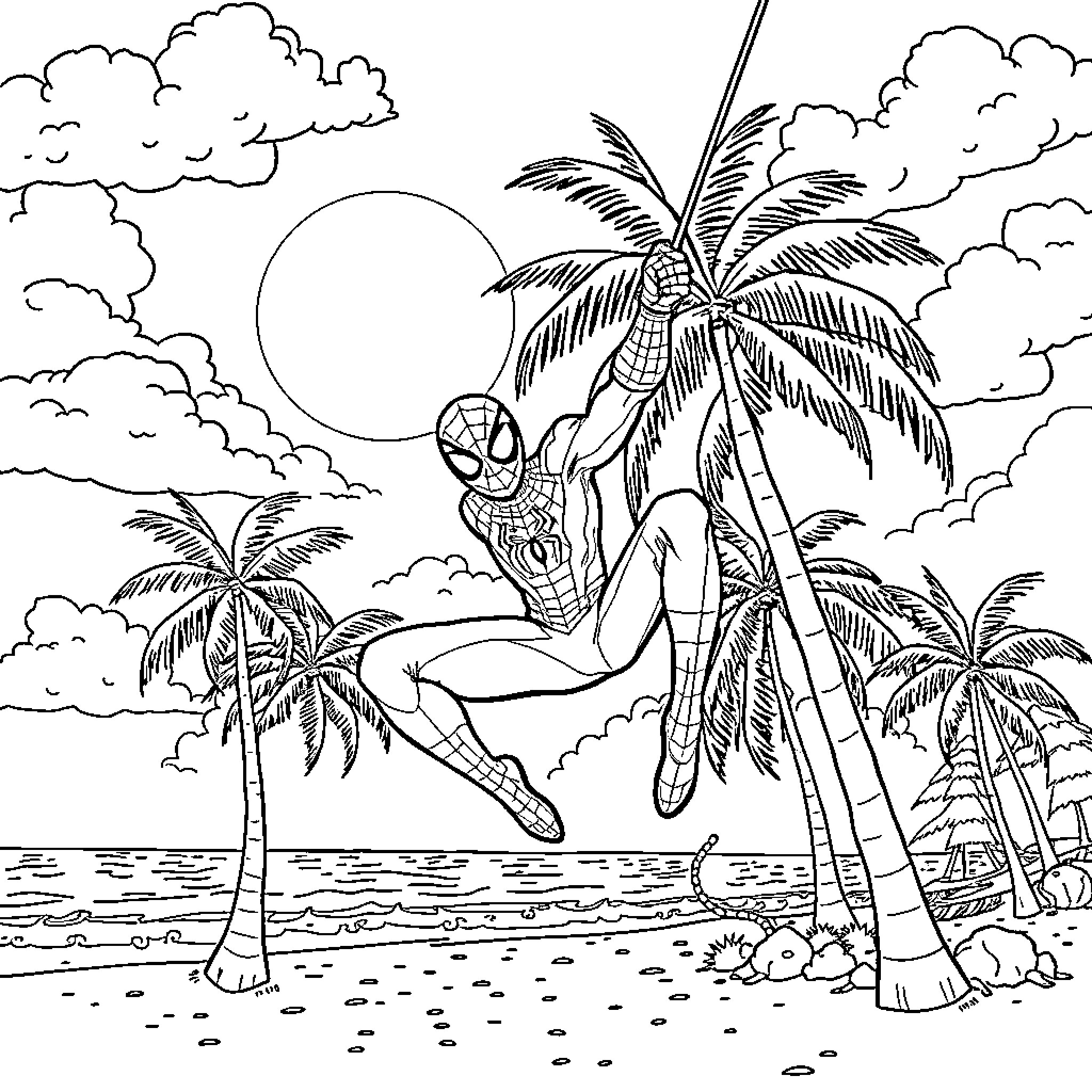 Spider-Man swinging on palm trees at sunset Coloring Page (free black-and-white line drawing printable PDF for all, from beginners to advanced learners, including children, teens, adults, and seniors)