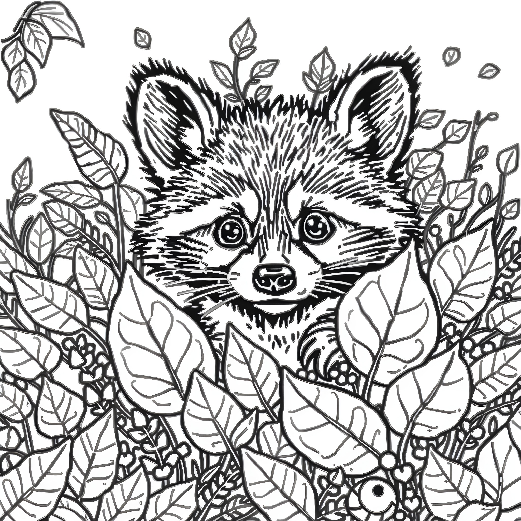 Raccoon peeking through foliage Coloring Page (free black-and-white line drawing printable PDF for all, from beginners to advanced learners, including children, teens, adults, and seniors)