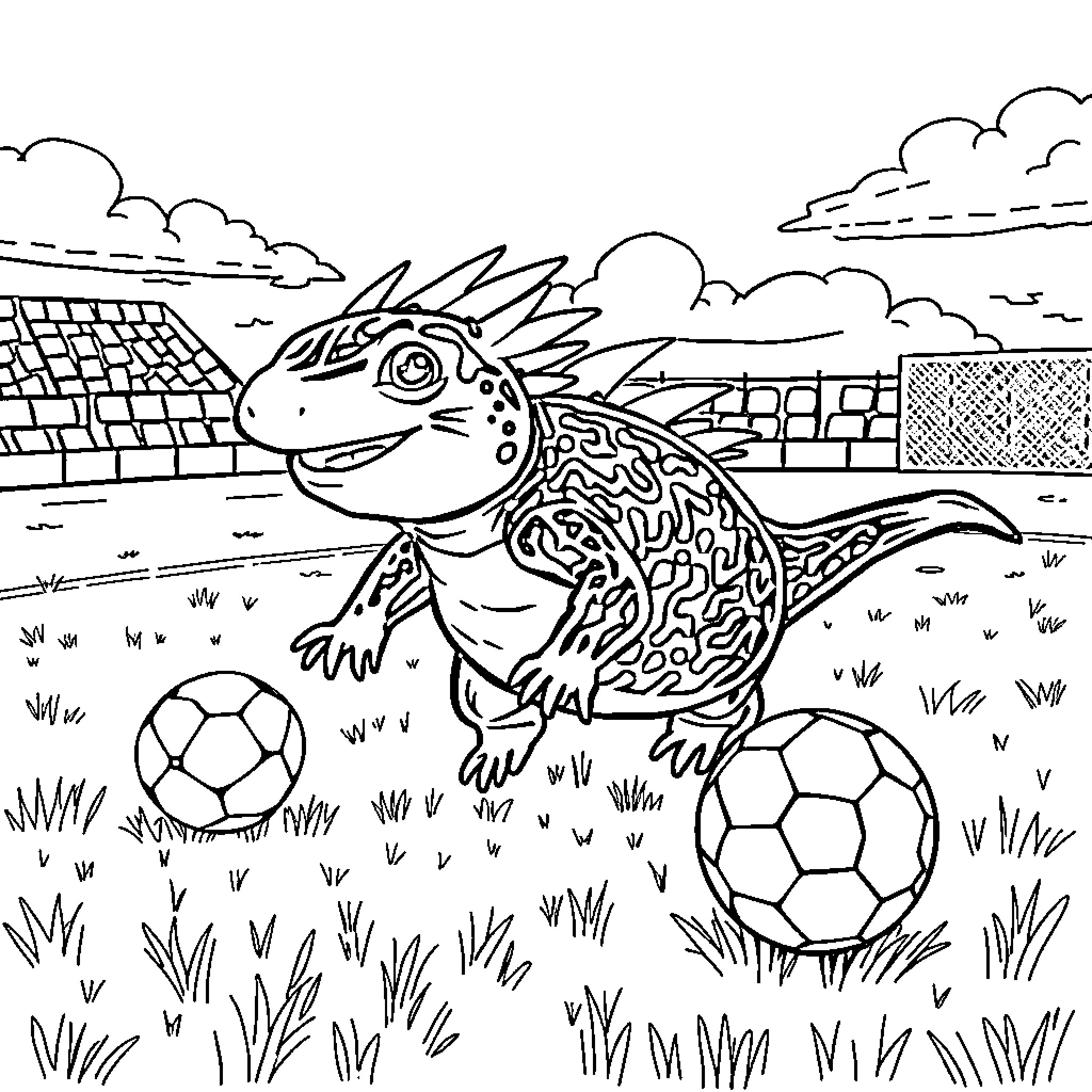 Axolotl playing joyfully with soccer balls Coloring Page (free black-and-white line drawing printable PDF for all, from beginners to advanced learners, including children, teens, adults, and seniors)