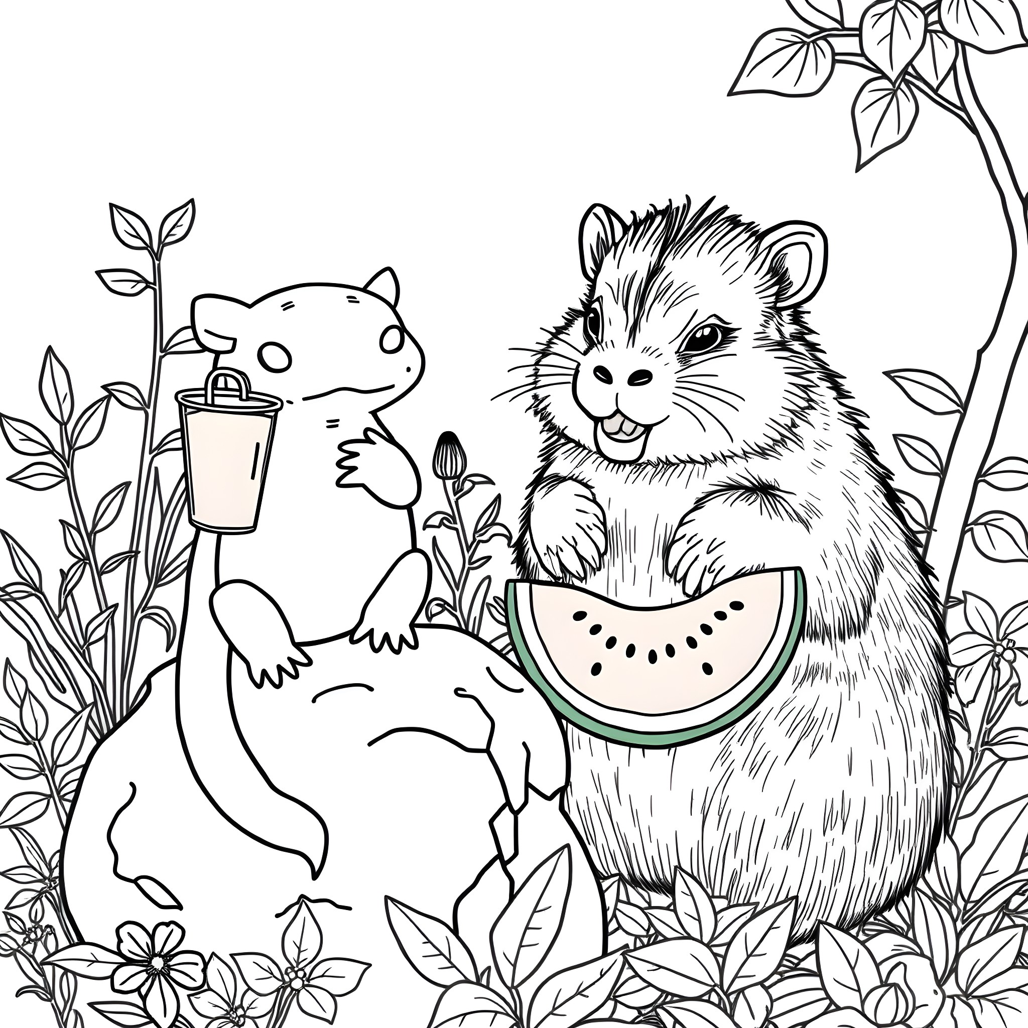 Axolotl enjoying watermelon with playful friend in lush garden Coloring Page (free black-and-white line drawing printable PDF for all, from beginners to advanced learners, including children, teens, adults, and seniors)