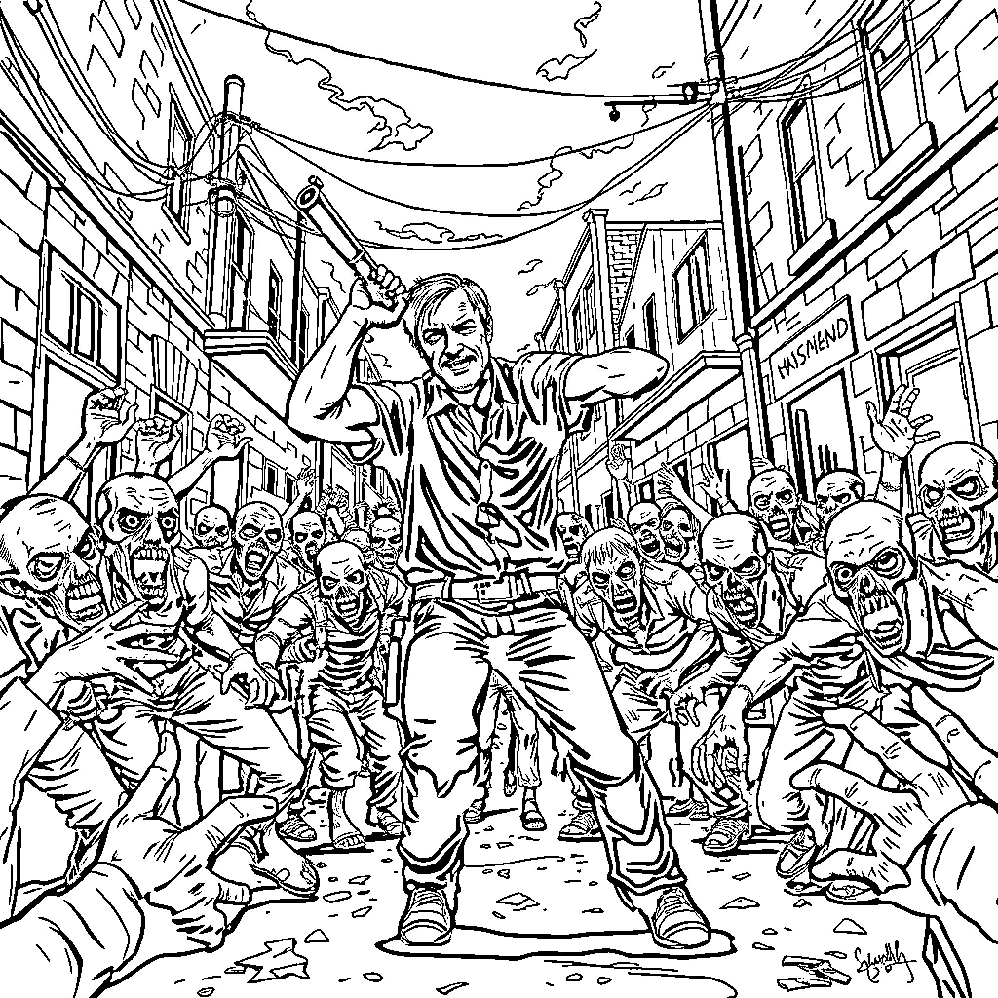 Rick Grimes Confronting Zombies in a Chaotic Scene Coloring Page (free black-and-white line drawing printable PDF for all, from beginners to advanced learners, including children, teens, adults, and seniors)
