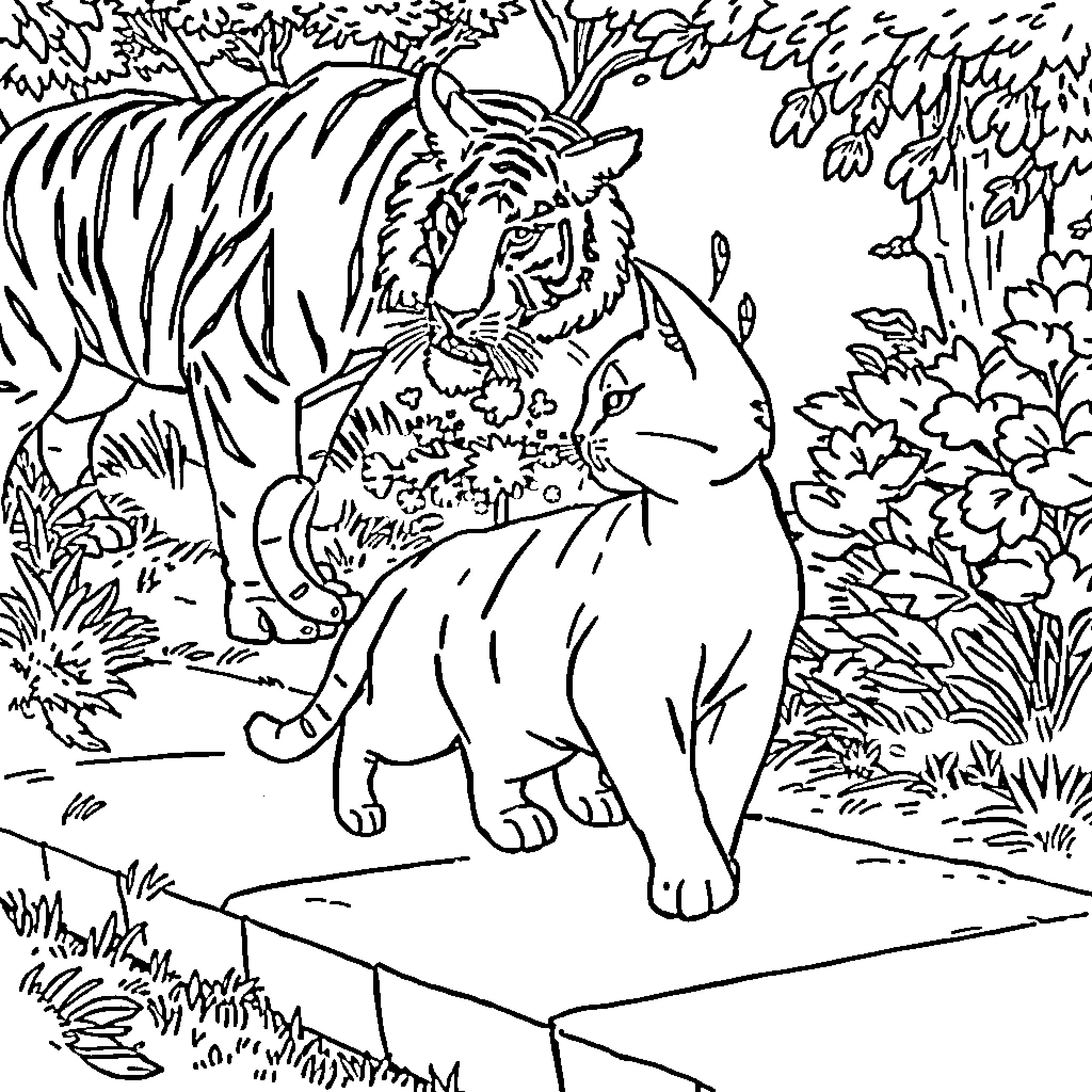 Cat in the jungle landscape Coloring Page (free black-and-white line drawing printable PDF for all, from beginners to advanced learners, including children, teens, adults, and seniors)