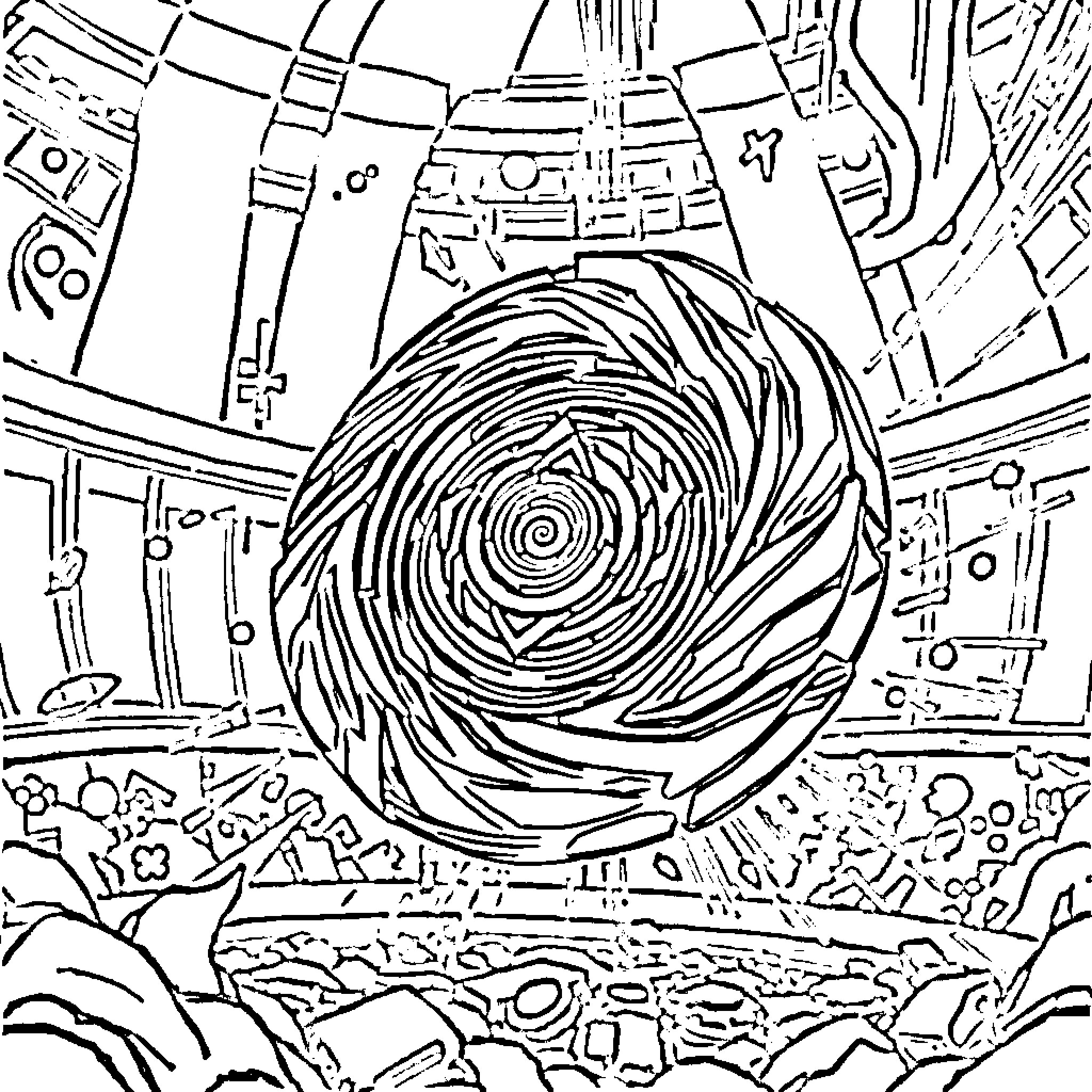 Beyblade Spinning Vortex in Futuristic Landscape Coloring Page (free black-and-white line drawing printable PDF for all, from beginners to advanced learners, including children, teens, adults, and seniors)