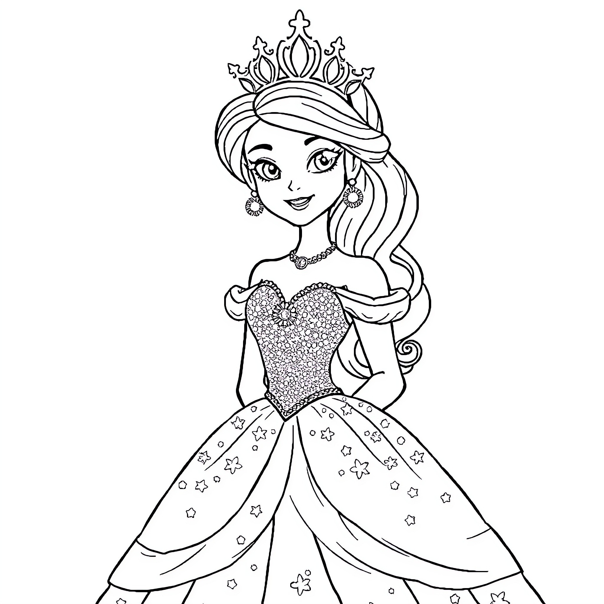 Princess in Sparkling Gown with Crown Coloring Page (free black-and-white line drawing printable PDF for all, from beginners to advanced learners, including children, teens, adults, and seniors)