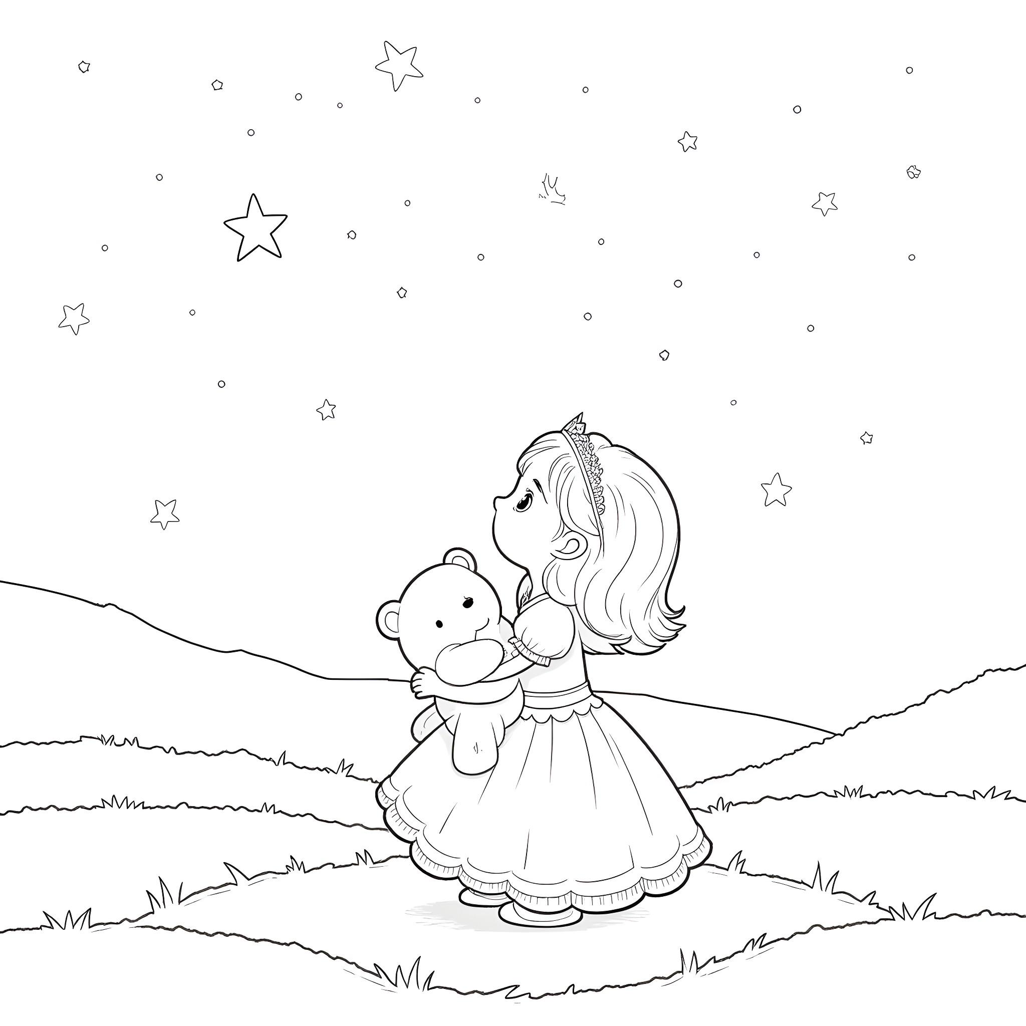 Princess with Teddy Bear Gazing at Starry Night Coloring Page (free black-and-white line drawing printable PDF for all, from beginners to advanced learners, including children, teens, adults, and seniors)