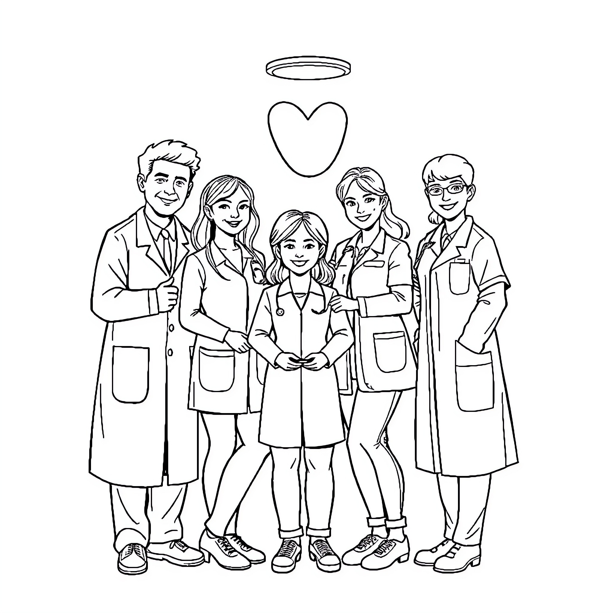 Dental Team Posing with Friendly Expressions Coloring Page (free black-and-white line drawing printable PDF for all, from beginners to advanced learners, including children, teens, adults, and seniors)