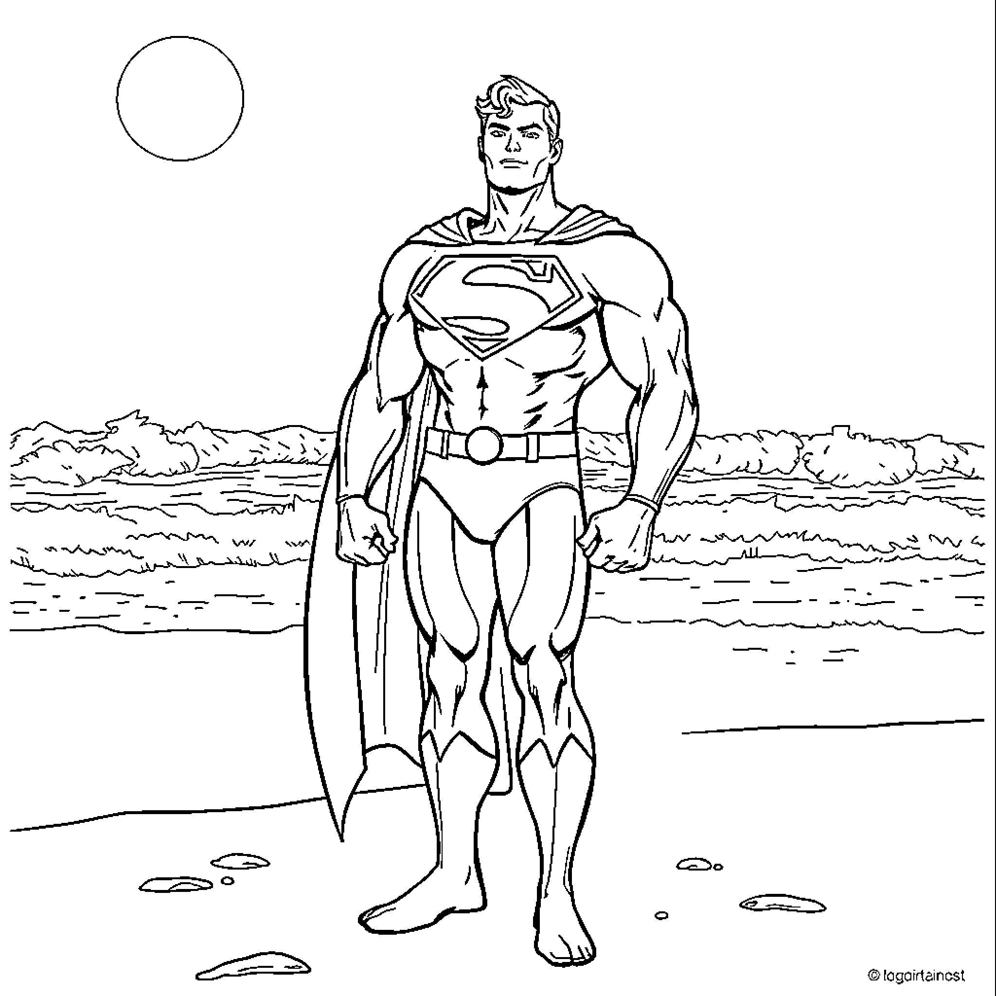 Superman standing heroically on the beach Coloring Page (free black-and-white line drawing printable PDF for all, from beginners to advanced learners, including children, teens, adults, and seniors)