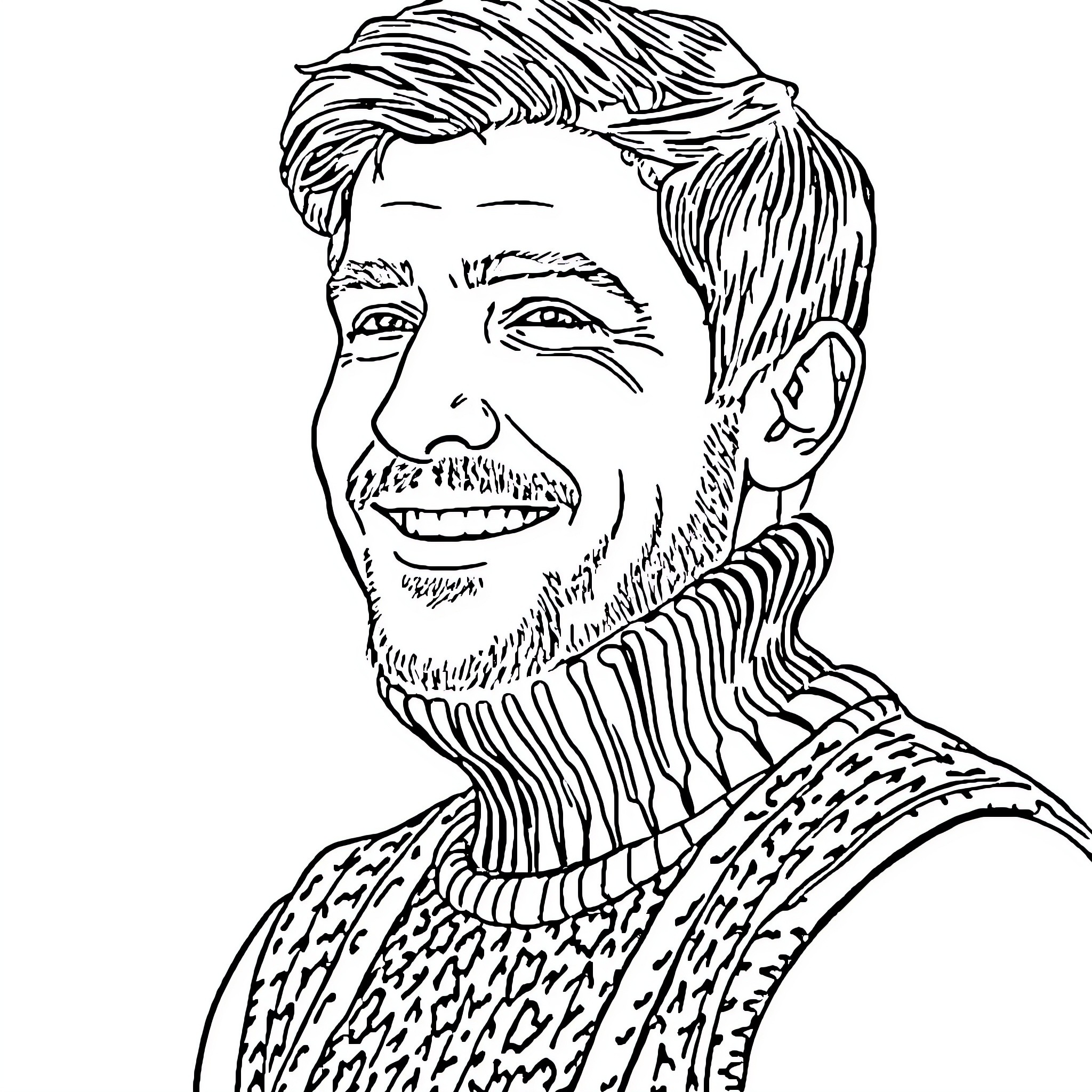 Pedro Pascal in a patterned sweater, smiling Coloring Page (free black-and-white line drawing printable PDF for all, from beginners to advanced learners, including children, teens, adults, and seniors)