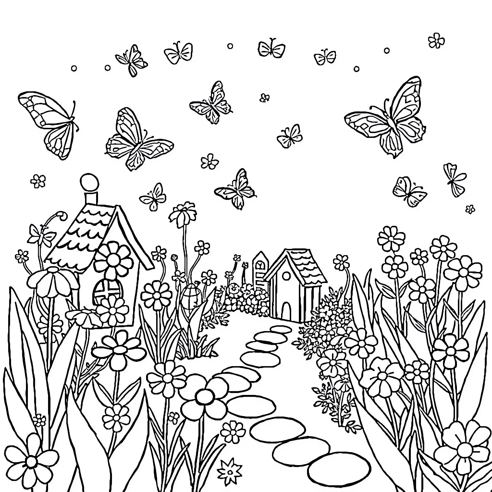 Fairy creatures frolicking in a magical garden Coloring Page (free black-and-white line drawing printable PDF for all, from beginners to advanced learners, including children, teens, adults, and seniors)