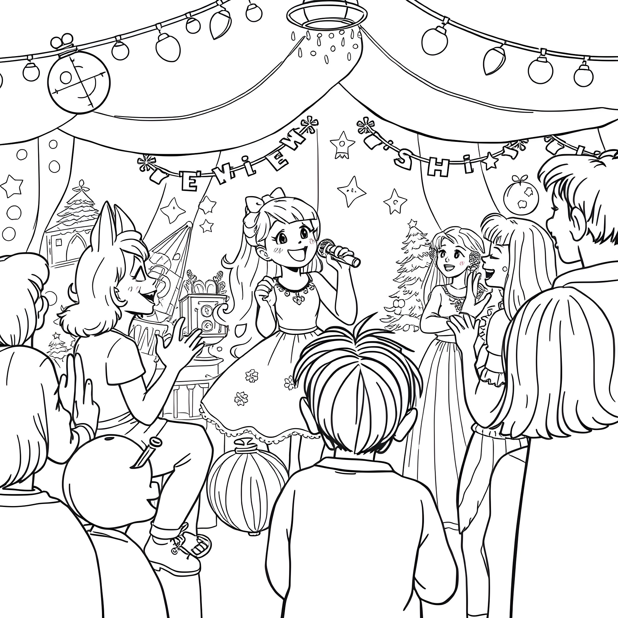 Bonnie Blue's Holiday Celebration with Friends Coloring Page (free black-and-white line drawing printable PDF for all, from beginners to advanced learners, including children, teens, adults, and seniors)