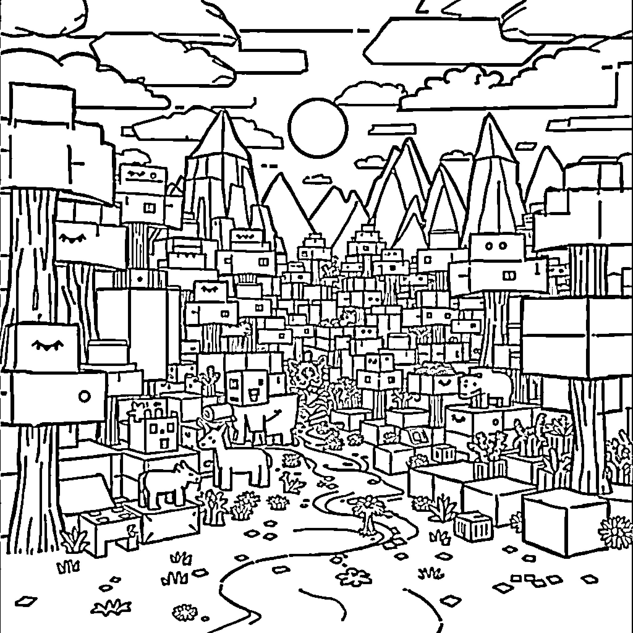 Minecraft Cityscape with Mountains and Landscape Coloring Page (free black-and-white line drawing printable PDF for all, from beginners to advanced learners, including children, teens, adults, and seniors)