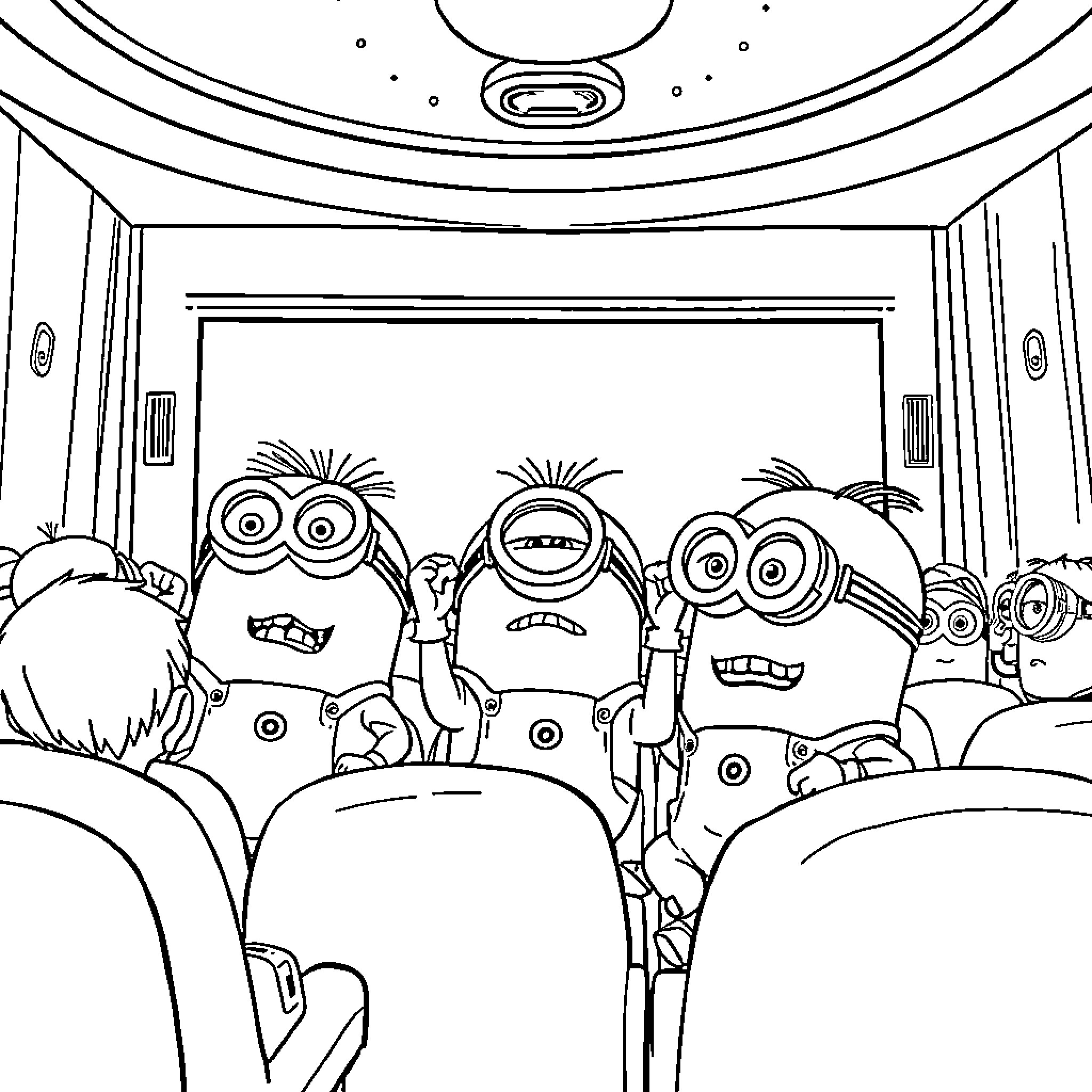 Minions watching a movie in a cinema with excitement Coloring Page (free black-and-white line drawing printable PDF for all, from beginners to advanced learners, including children, teens, adults, and seniors)
