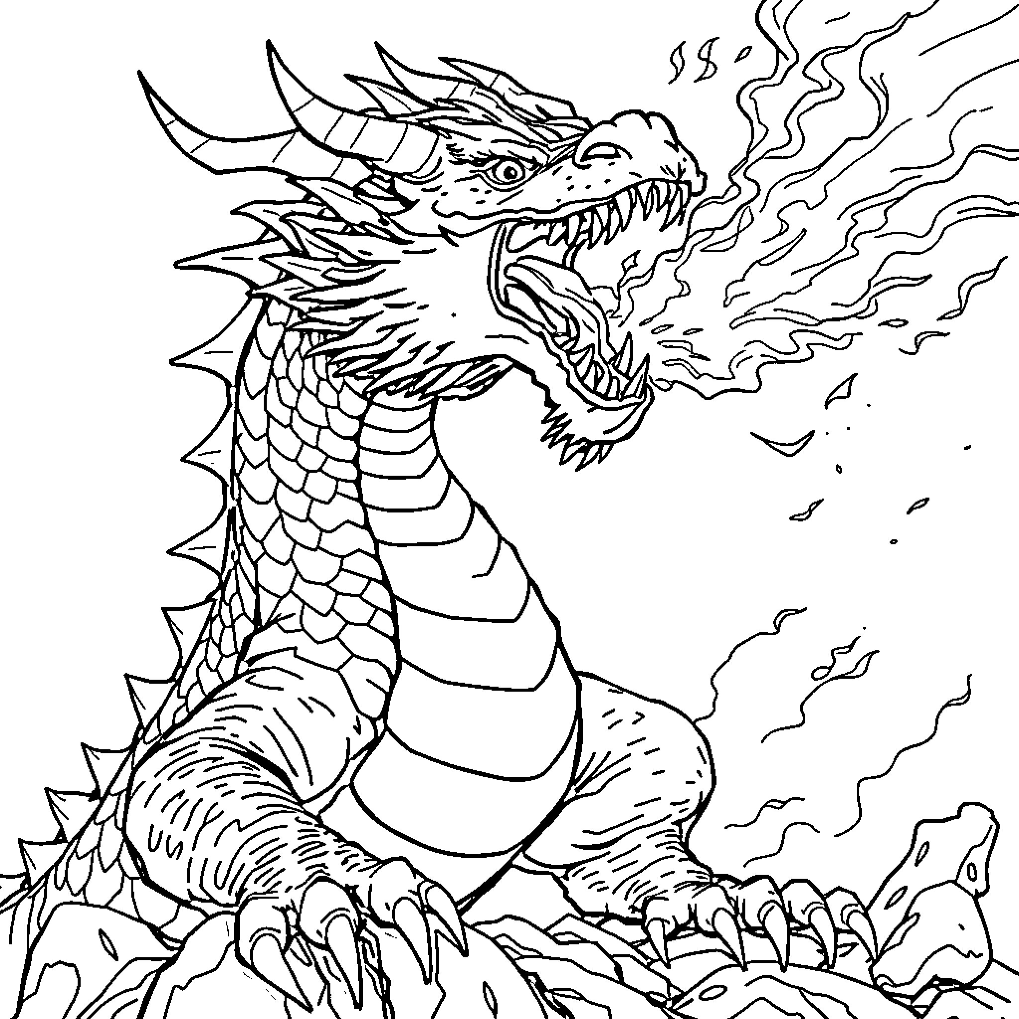 Dragon exhaling fiery breath in a fierce display Coloring Page (free black-and-white line drawing printable PDF for all, from beginners to advanced learners, including children, teens, adults, and seniors)