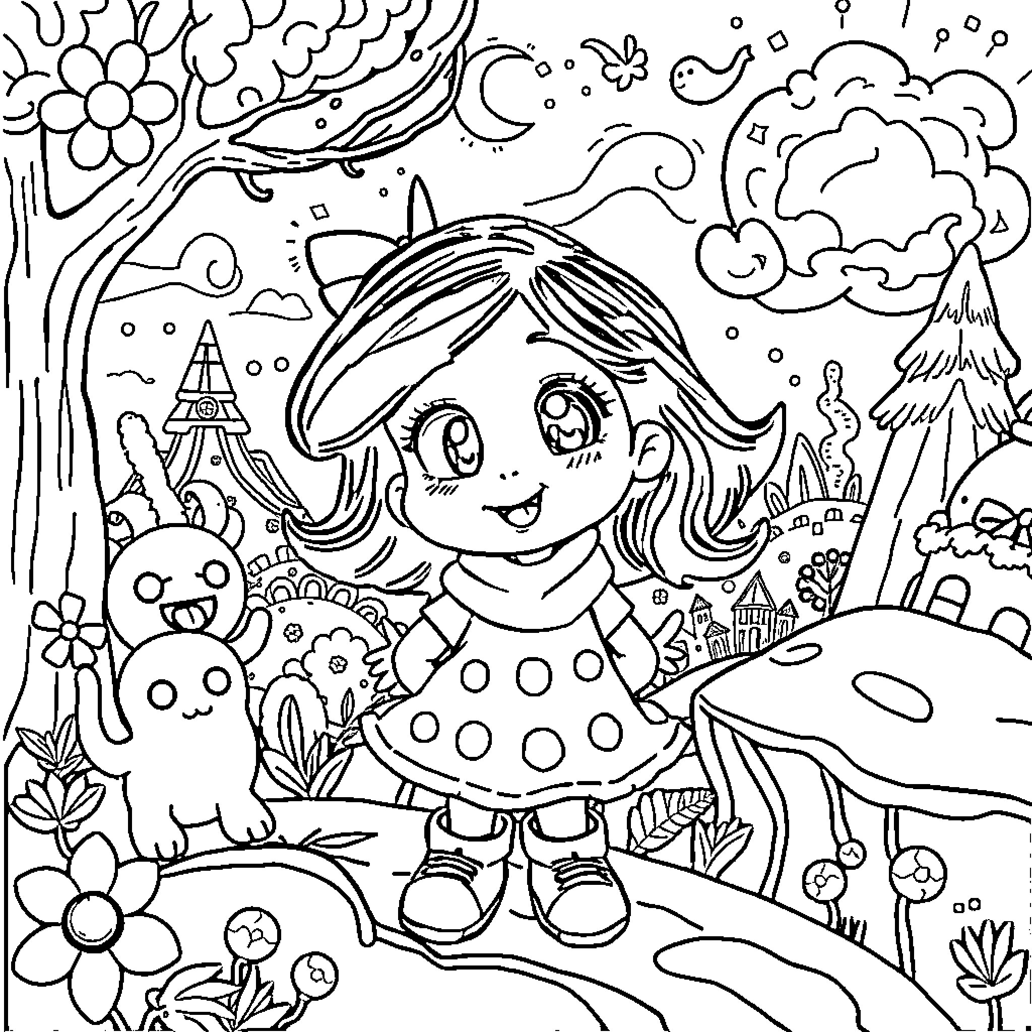 Shelly's Whimsical Adventure in the Enchanted Forest Coloring Page (free black-and-white line drawing printable PDF for all, from beginners to advanced learners, including children, teens, adults, and seniors)