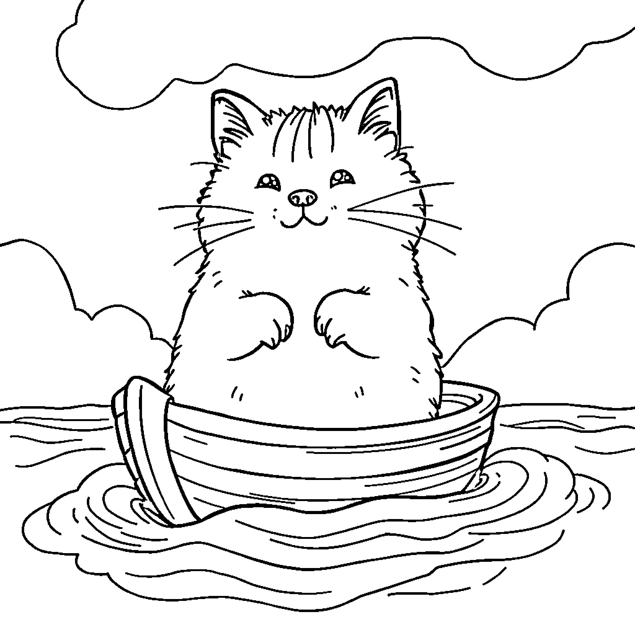 Pusheen enjoying a boat ride on the water Coloring Page (free black-and-white line drawing printable PDF for all, from beginners to advanced learners, including children, teens, adults, and seniors)