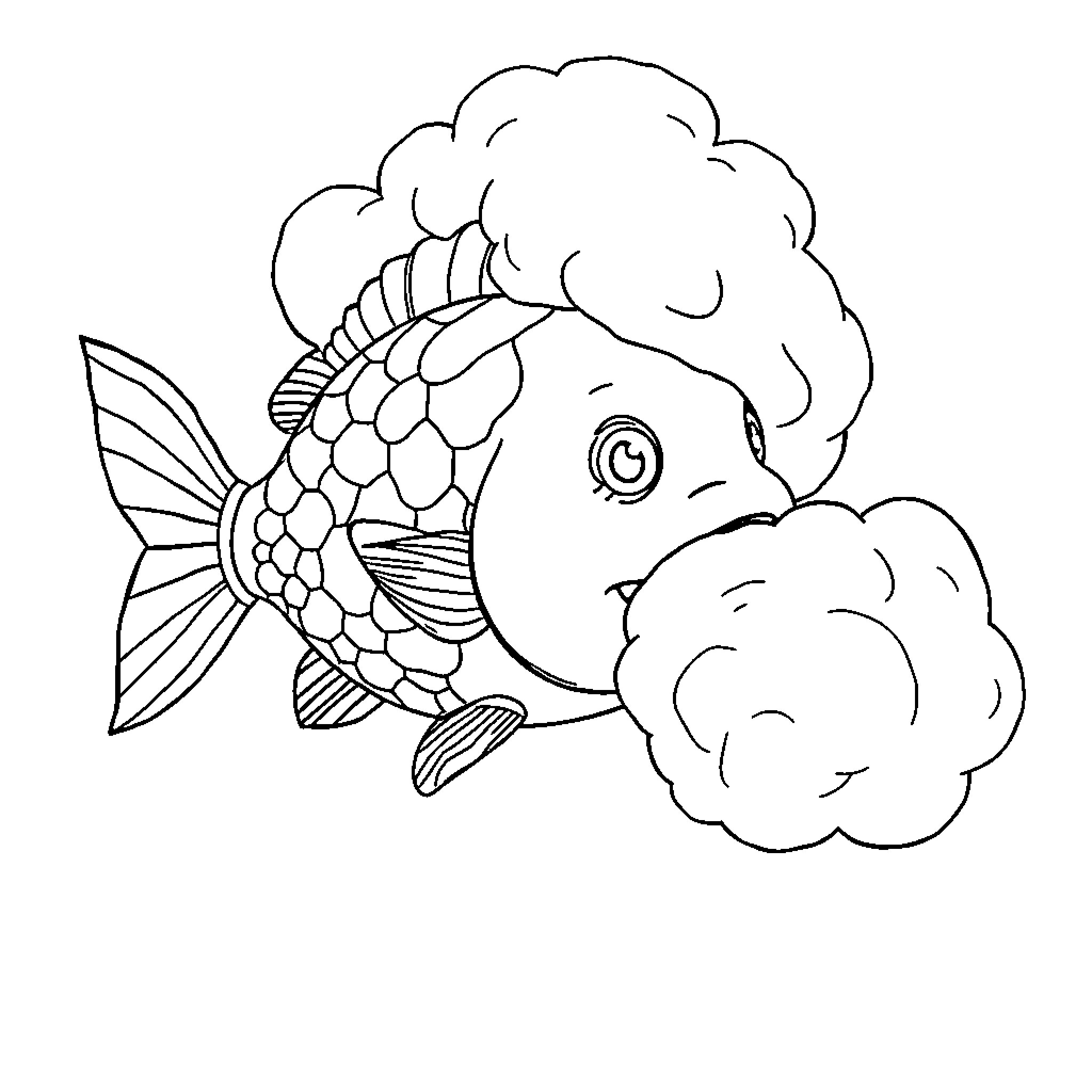 Fish swimming amid cloud-like shapes Coloring Page (free black-and-white line drawing printable PDF for all, from beginners to advanced learners, including children, teens, adults, and seniors)