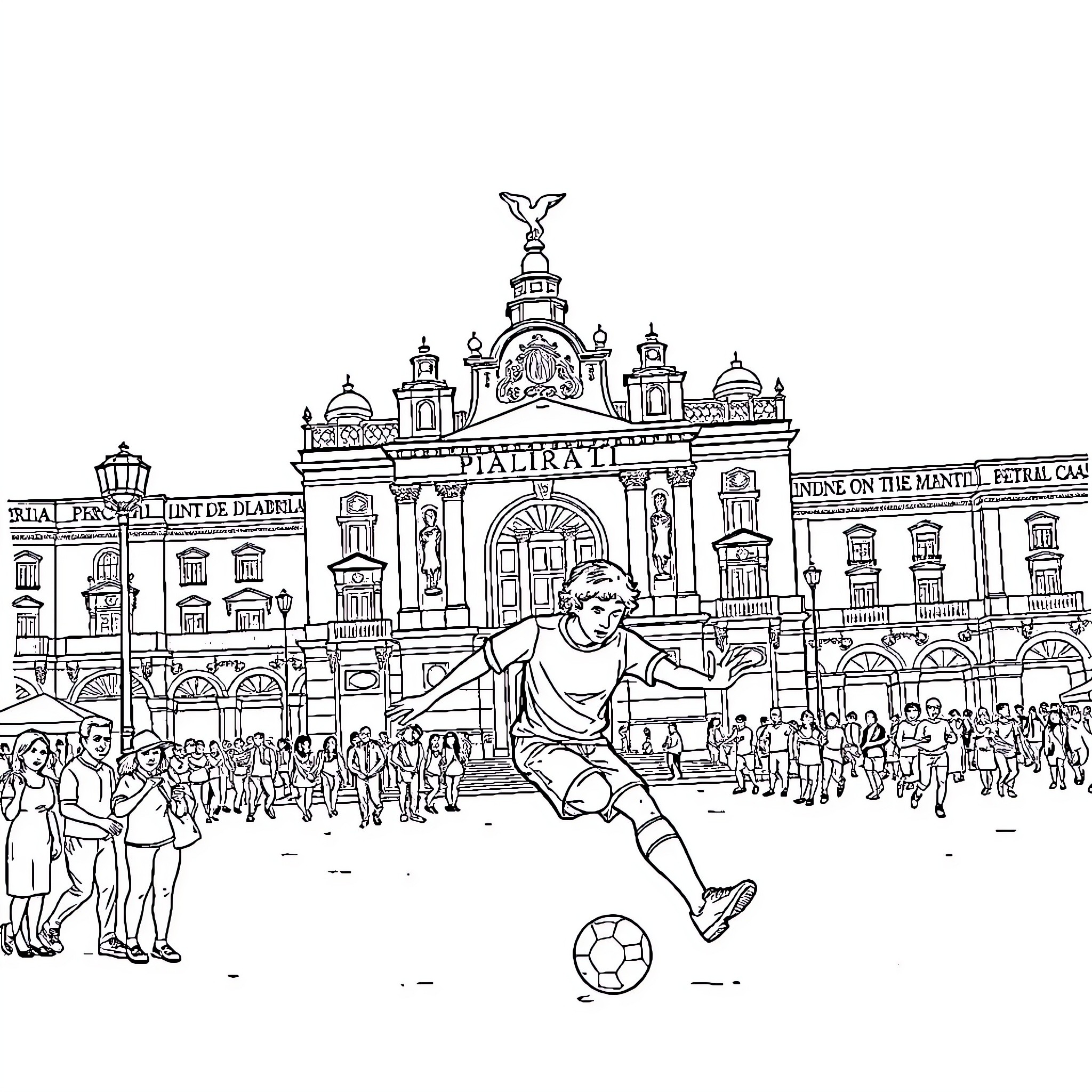 Tralalero People Enjoying a Soccer Match in the City Coloring Page (free black-and-white line drawing printable PDF for all, from beginners to advanced learners, including children, teens, adults, and seniors)