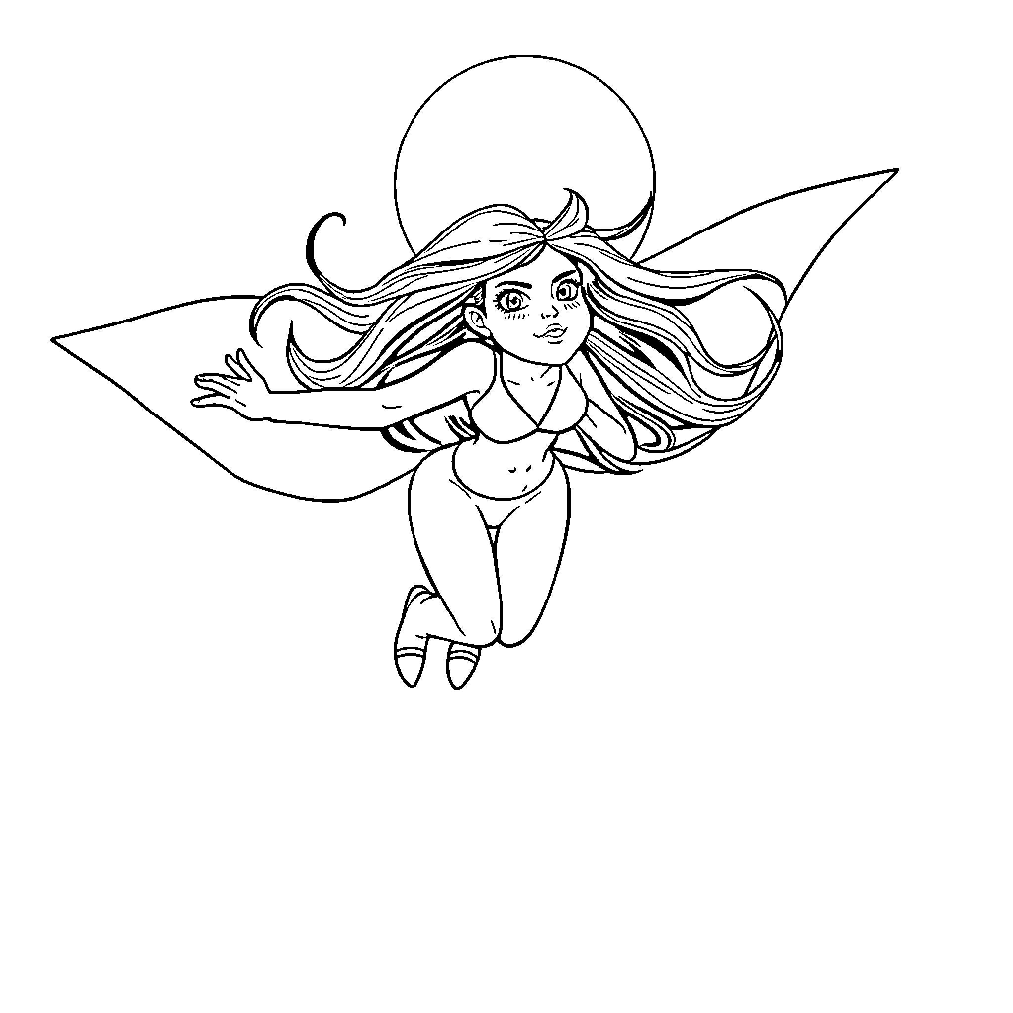 Wonder Woman Soaring in the Sky Coloring Page (free black-and-white line drawing printable PDF for all, from beginners to advanced learners, including children, teens, adults, and seniors)