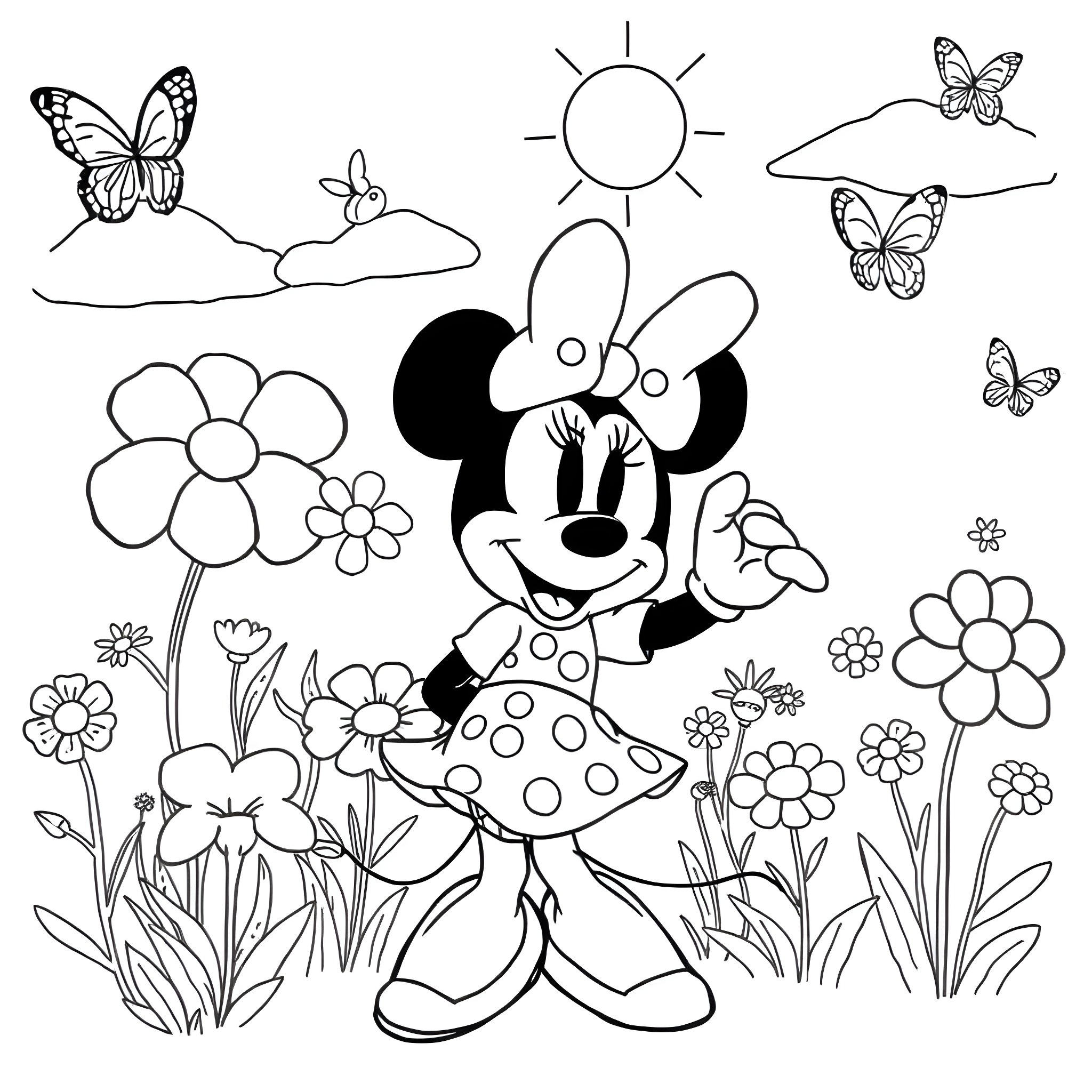 Minnie Mouse enjoying a sunny spring day Coloring Page (free black-and-white line drawing printable PDF for all, from beginners to advanced learners, including children, teens, adults, and seniors)