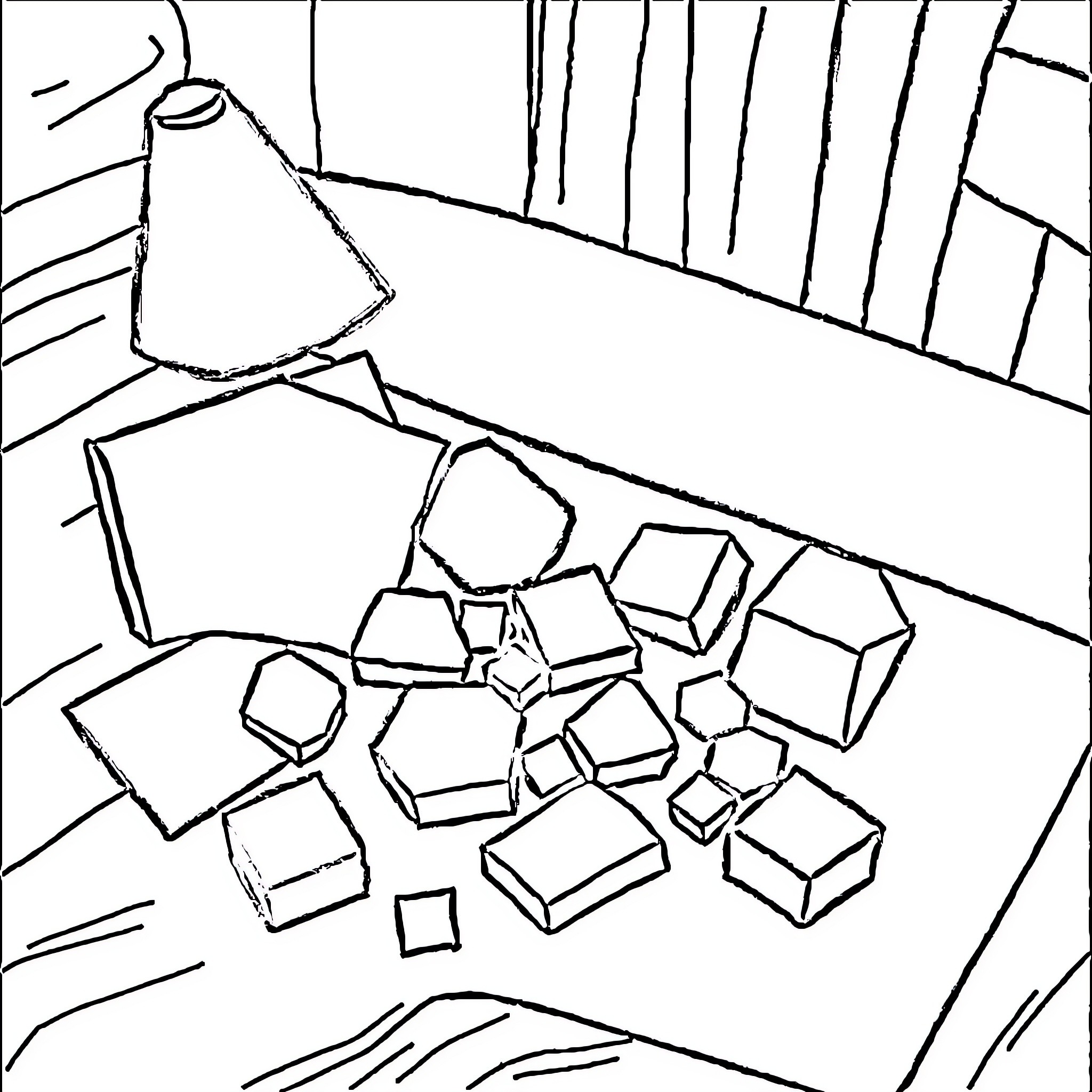 Shape Game with Scattered Geometric Pieces Coloring Page (free black-and-white line drawing printable PDF for all, from beginners to advanced learners, including children, teens, adults, and seniors)