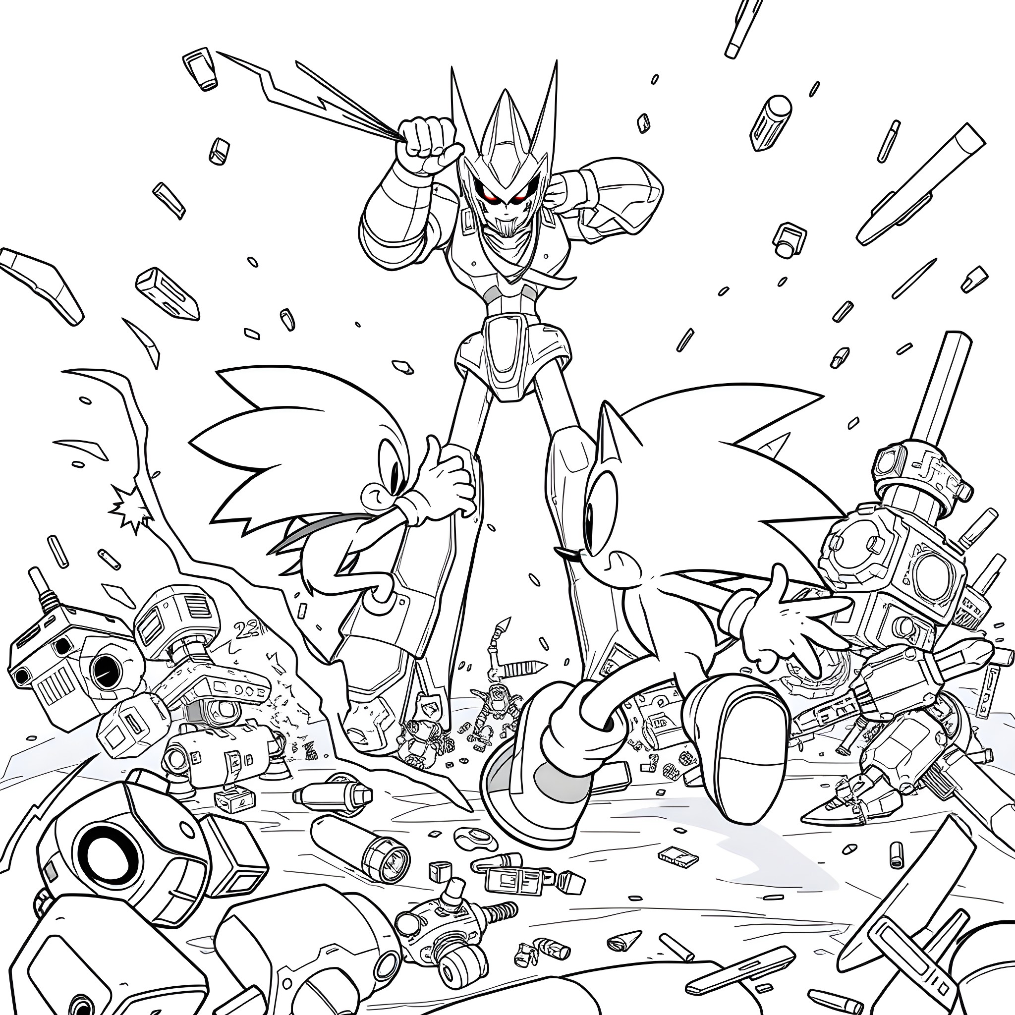 Sonic's Heroic Battle Against Robotic Foes Coloring Page (free black-and-white line drawing printable PDF for all, from beginners to advanced learners, including children, teens, adults, and seniors)