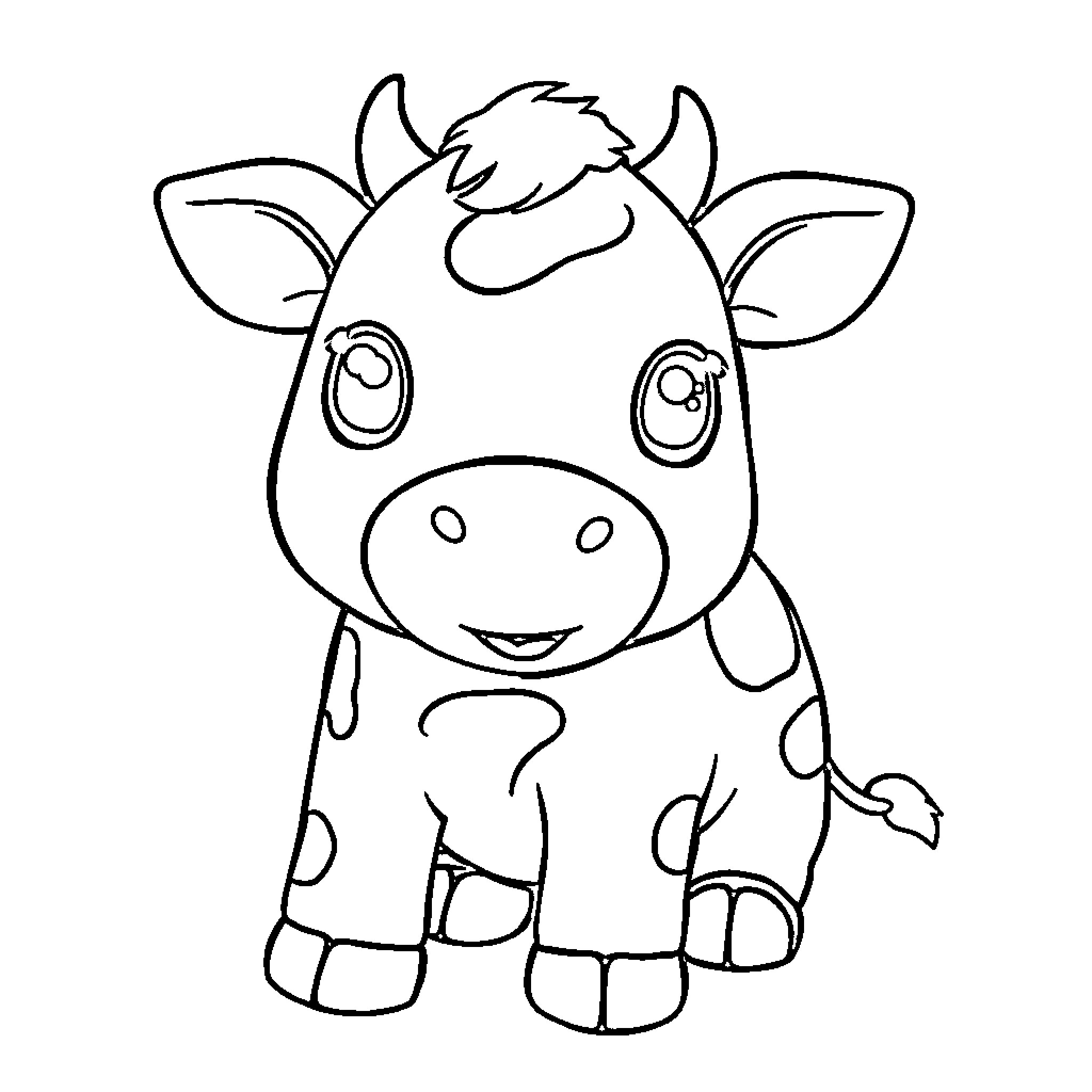 Cow cartoon character with adorable expression Coloring Page (free black-and-white line drawing printable PDF for all, from beginners to advanced learners, including children, teens, adults, and seniors)
