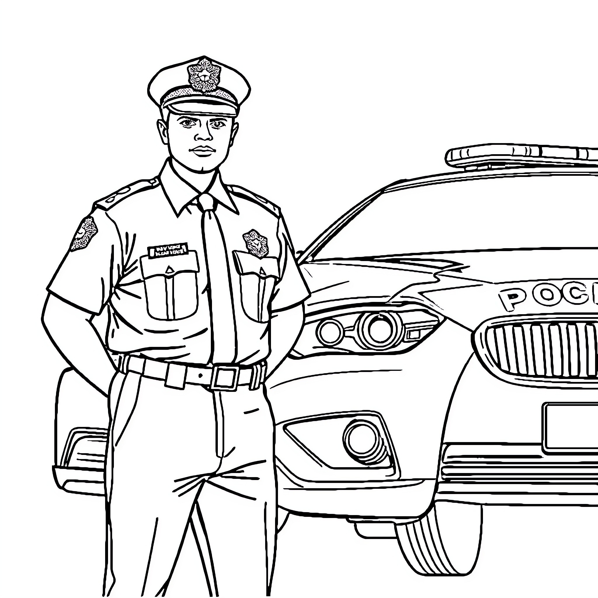 Police Officer Standing Next to Patrol Car Coloring Page (free black-and-white line drawing printable PDF for all, from beginners to advanced learners, including children, teens, adults, and seniors)