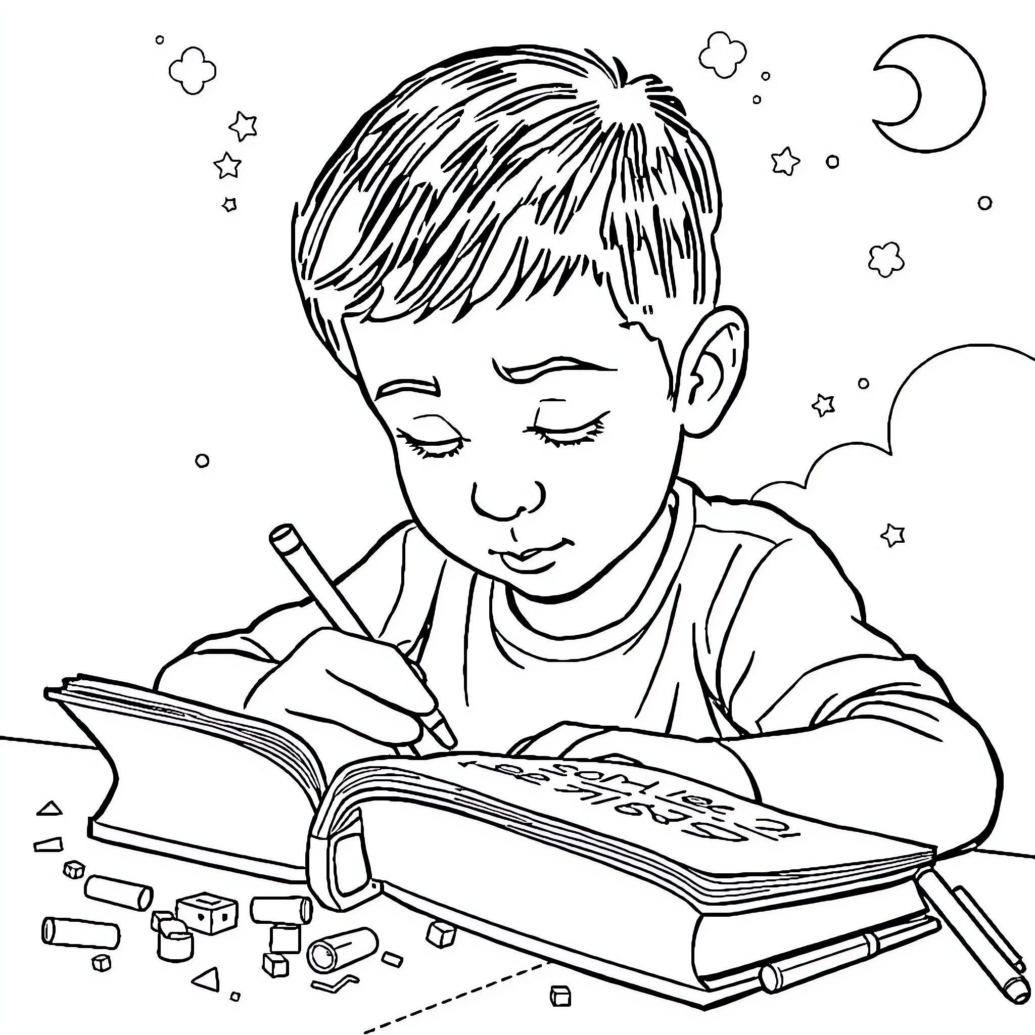 Niño diligentemente escribiendo en libro Coloring Page (free black-and-white line drawing printable PDF for all, from beginners to advanced learners, including children, teens, adults, and seniors)