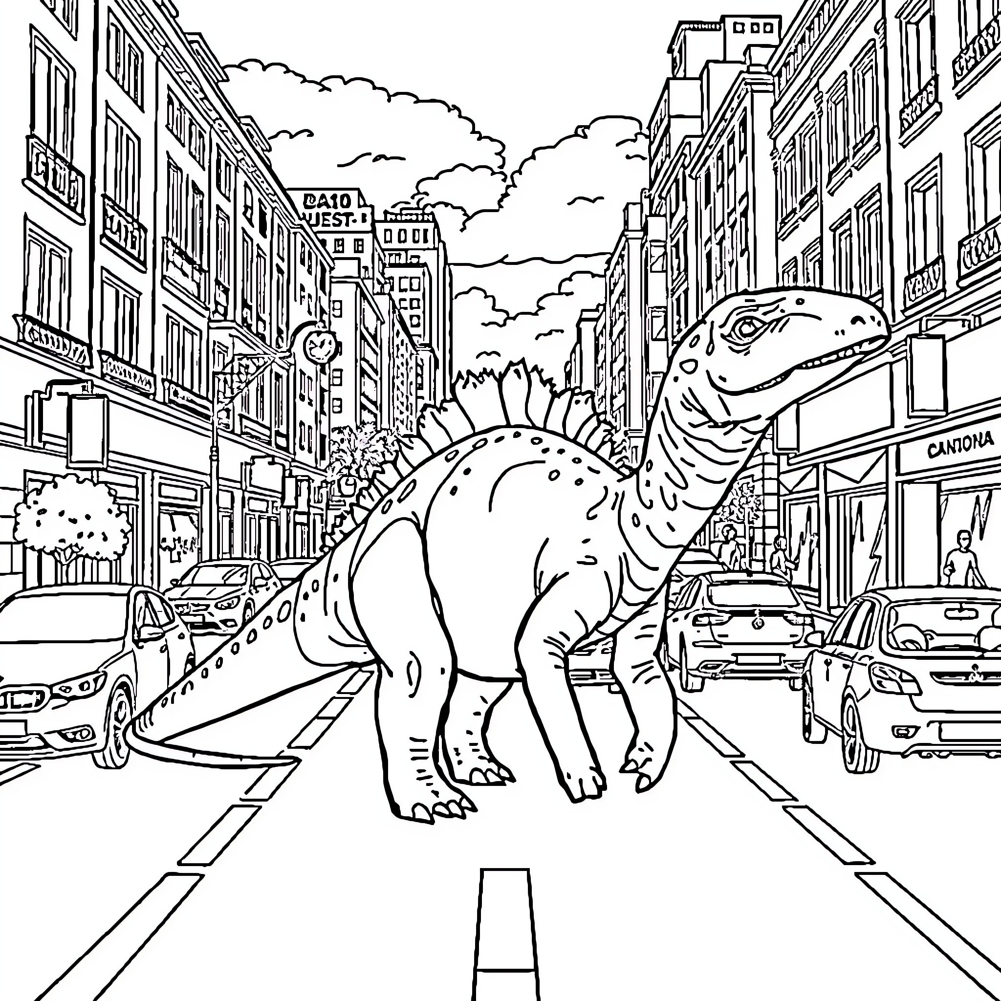 Sauropod exploring the bustling city streets Coloring Page (free black-and-white line drawing printable PDF for all, from beginners to advanced learners, including children, teens, adults, and seniors)