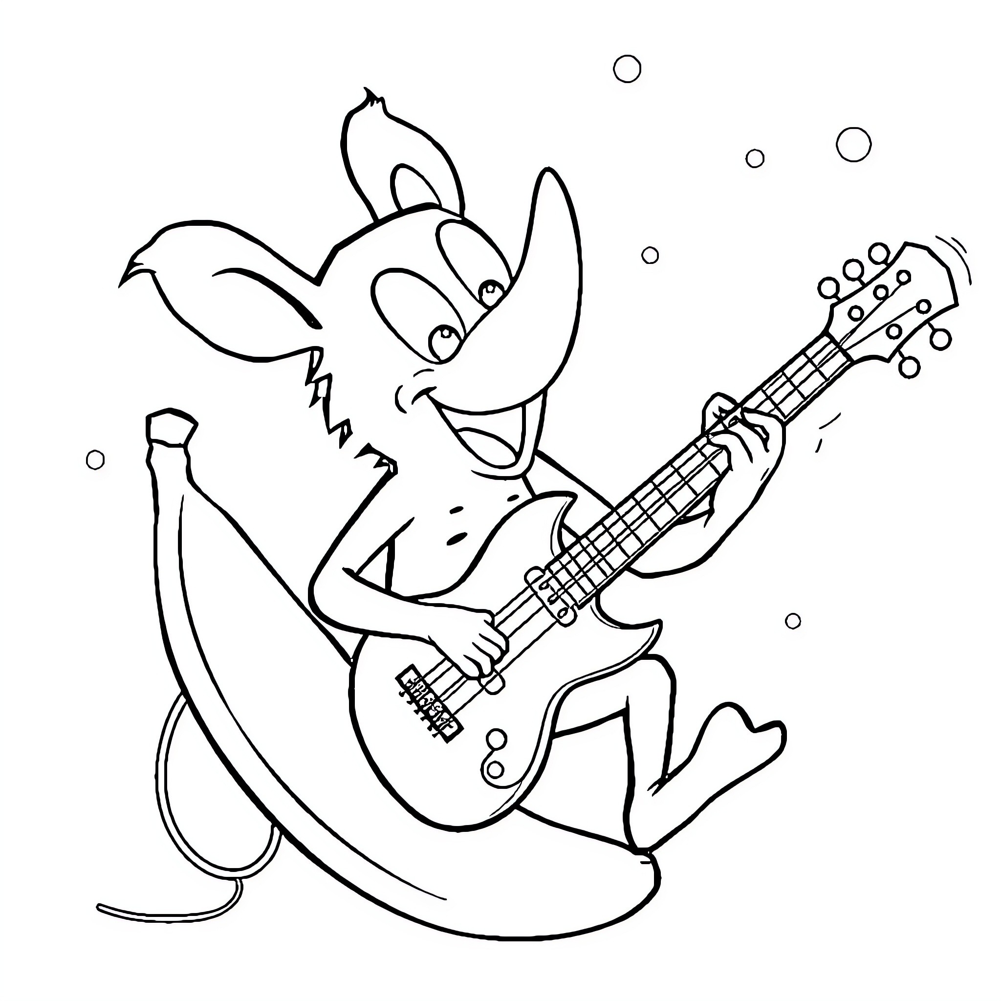Tism characters playing joyful music with guitars Coloring Page (free black-and-white line drawing printable PDF for all, from beginners to advanced learners, including children, teens, adults, and seniors)