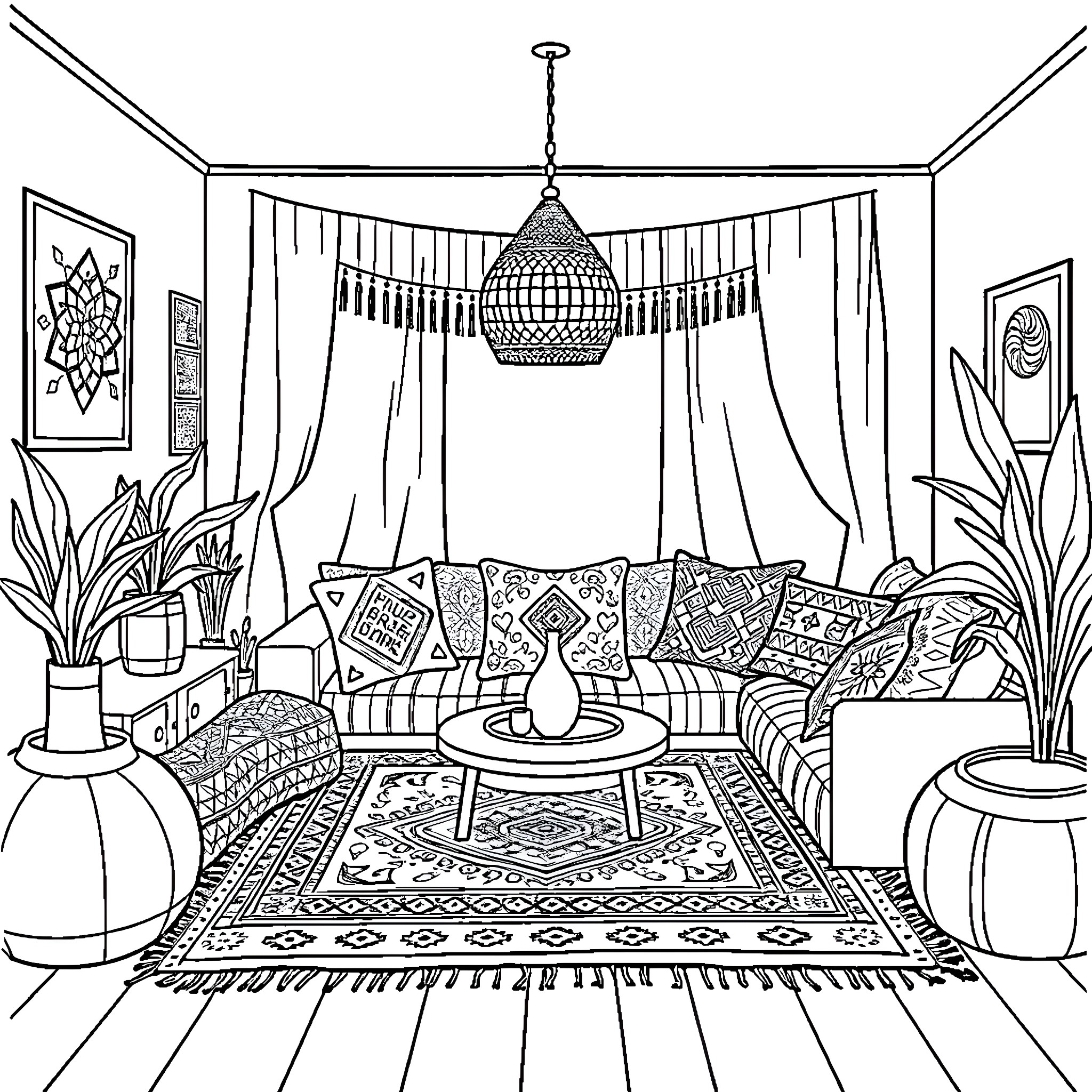 Mandala of a cozy boho-style living room Coloring Page (free black-and-white line drawing printable PDF for all, from beginners to advanced learners, including children, teens, adults, and seniors)