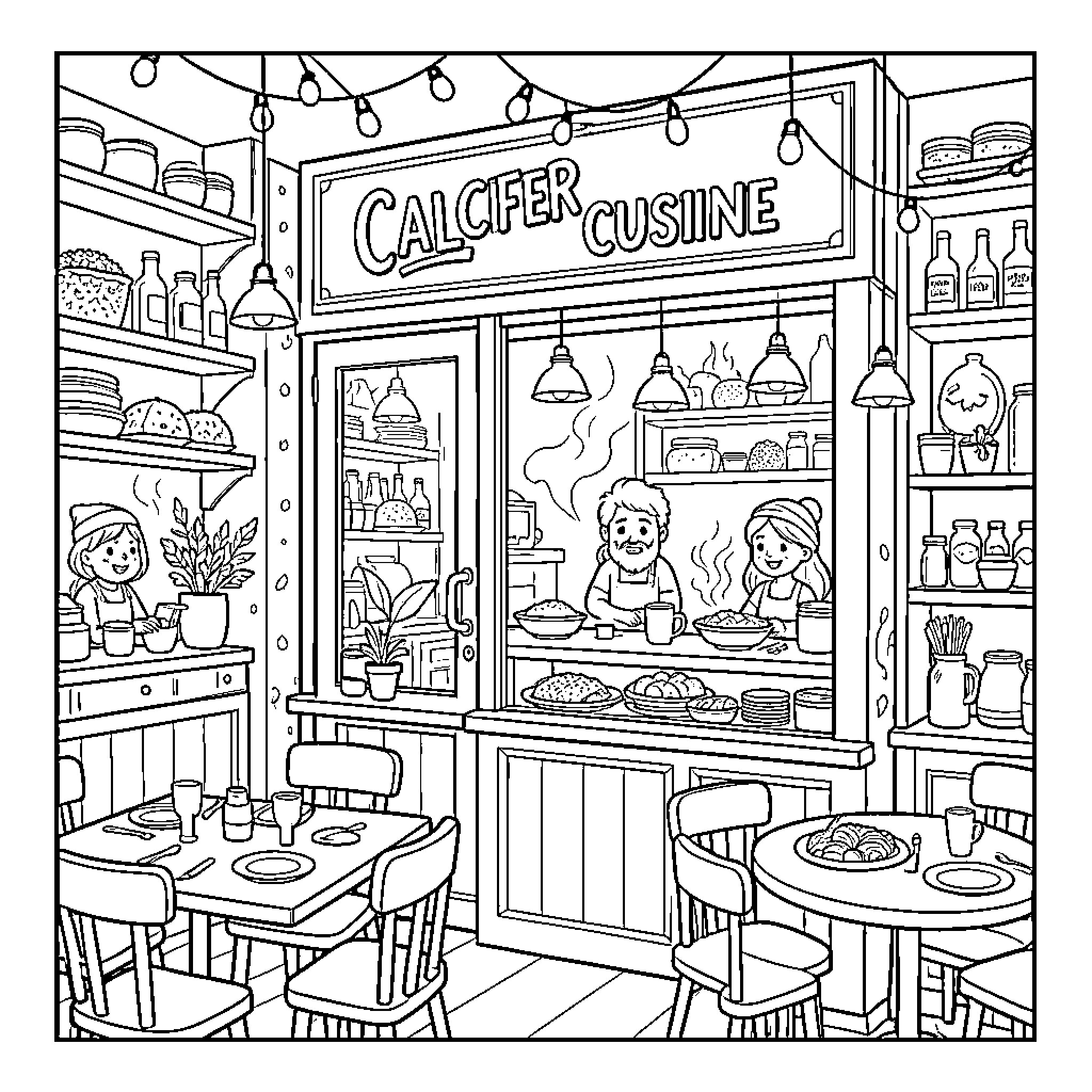 Calcifer's Cozy Cuisine Coloring Page (free black-and-white line drawing printable PDF for all, from beginners to advanced learners, including children, teens, adults, and seniors)