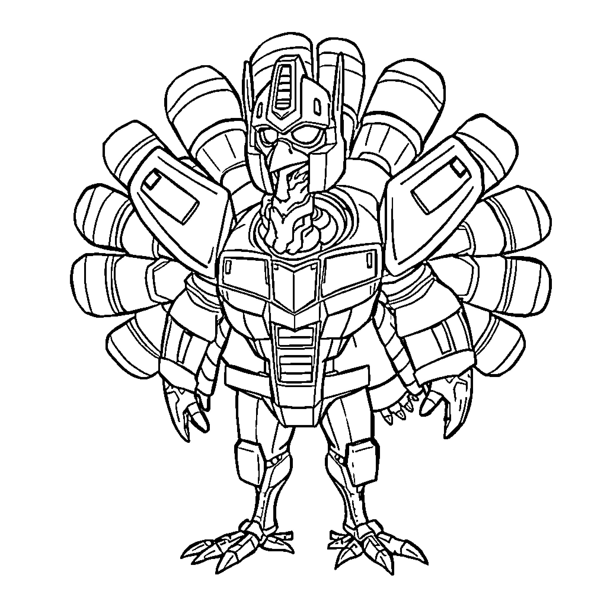 Turkey robot character with powerful mechanical limbs Coloring Page (free black-and-white line drawing printable PDF for all, from beginners to advanced learners, including children, teens, adults, and seniors)