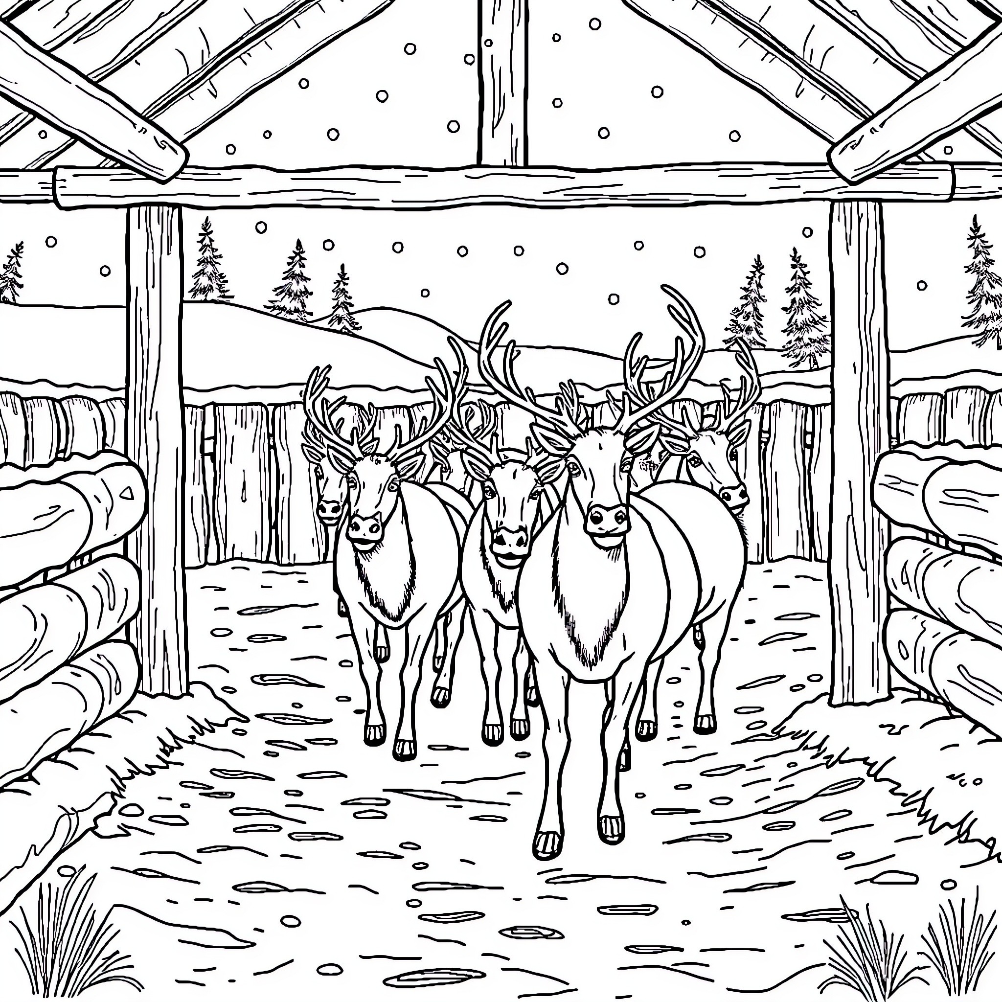 Reindeer in the Snowy Wilderness Coloring Page (free black-and-white line drawing printable PDF for all, from beginners to advanced learners, including children, teens, adults, and seniors)