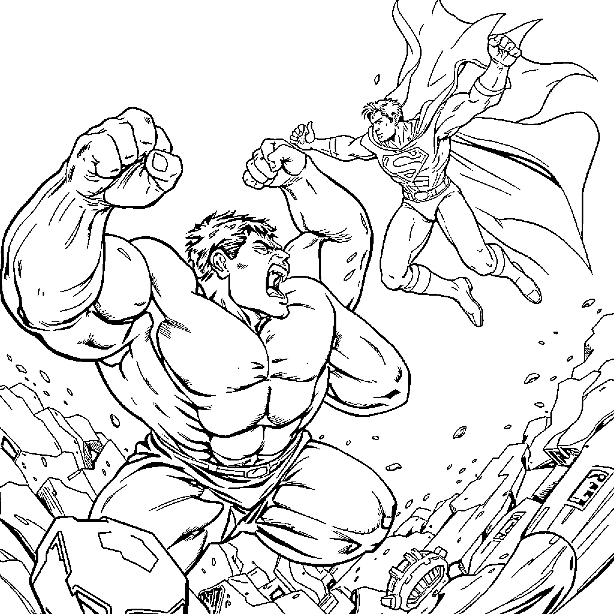 Hulk battling heroically against a powerful foe Coloring Page (free black-and-white line drawing printable PDF for all, from beginners to advanced learners, including children, teens, adults, and seniors)