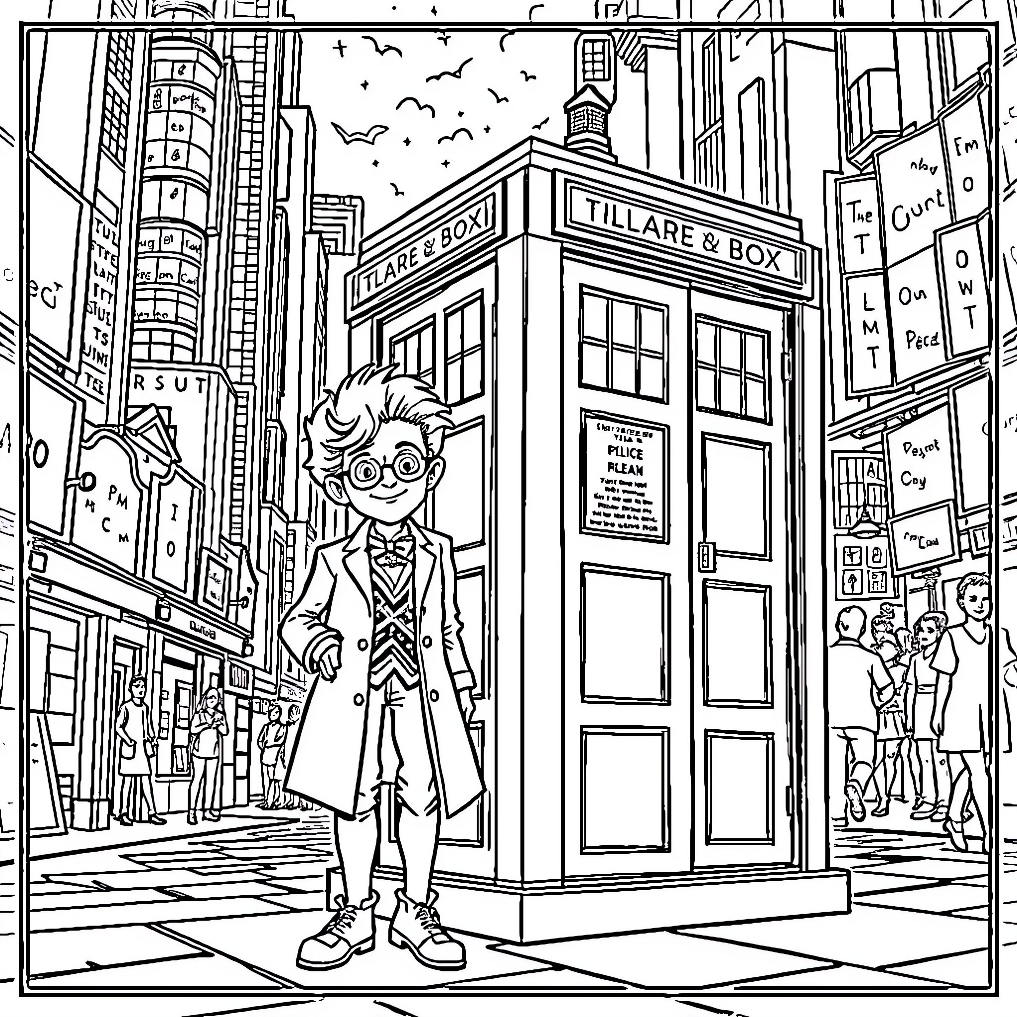 Doctor's Whimsical Adventure in the City Coloring Page (free black-and-white line drawing printable PDF for all, from beginners to advanced learners, including children, teens, adults, and seniors)