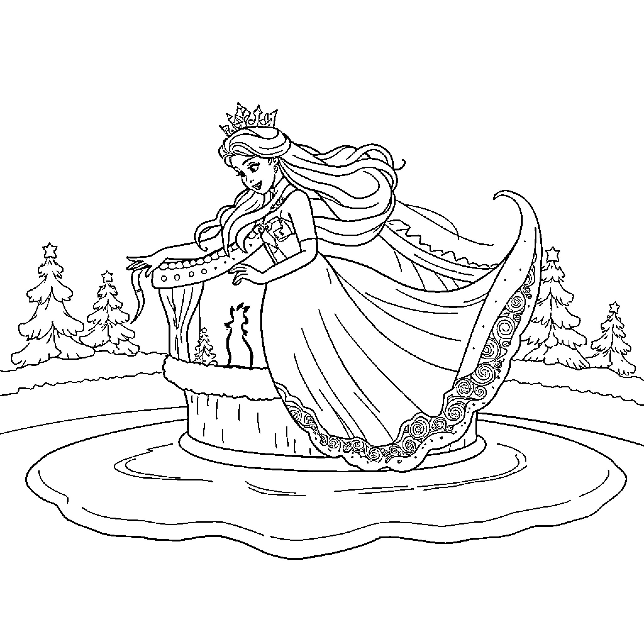 Snow Queen in Elegant Winter Attire Coloring Page (free black-and-white line drawing printable PDF for all, from beginners to advanced learners, including children, teens, adults, and seniors)