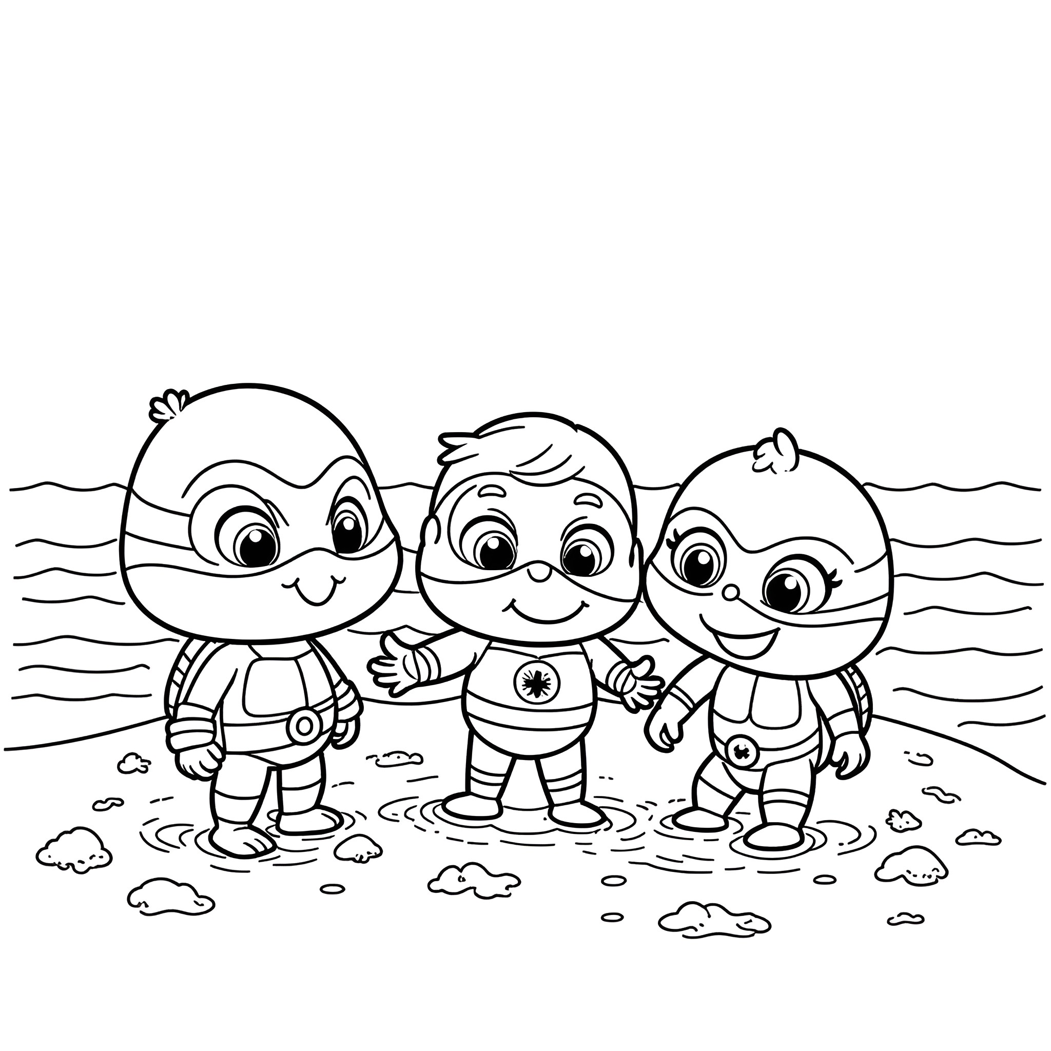 Baby Ninja Turtles playing in the ocean waves Coloring Page (free black-and-white line drawing printable PDF for all, from beginners to advanced learners, including children, teens, adults, and seniors)