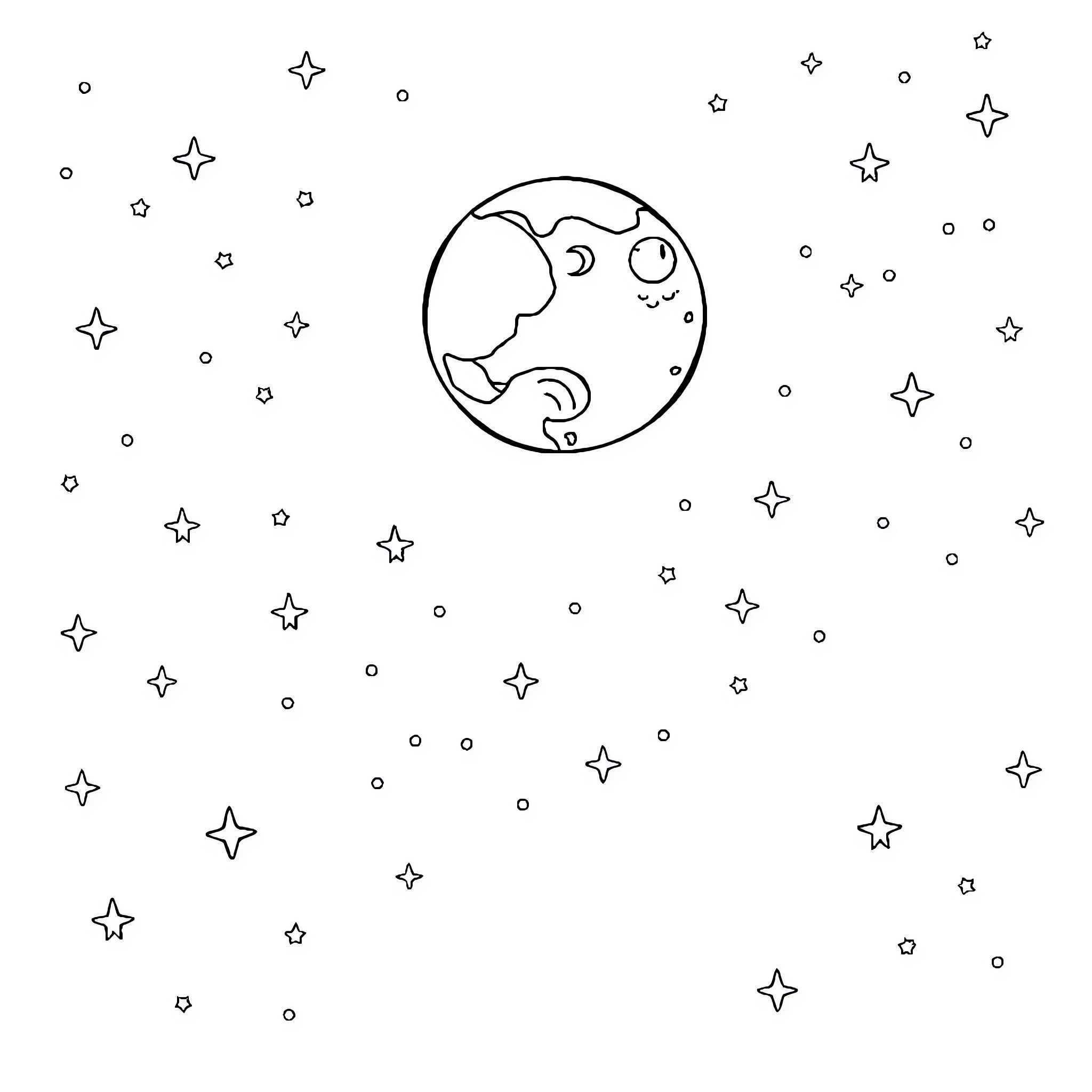 Moon and stars in the night sky Coloring Page (free black-and-white line drawing printable PDF for all, from beginners to advanced learners, including children, teens, adults, and seniors)