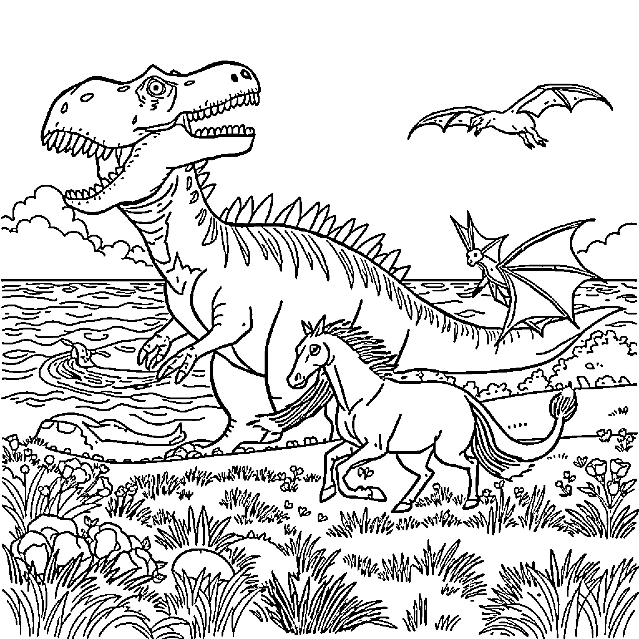 Dinosaur and Mythical Creatures in a Prehistoric Landscape Coloring Page (free black-and-white line drawing printable PDF for all, from beginners to advanced learners, including children, teens, adults, and seniors)